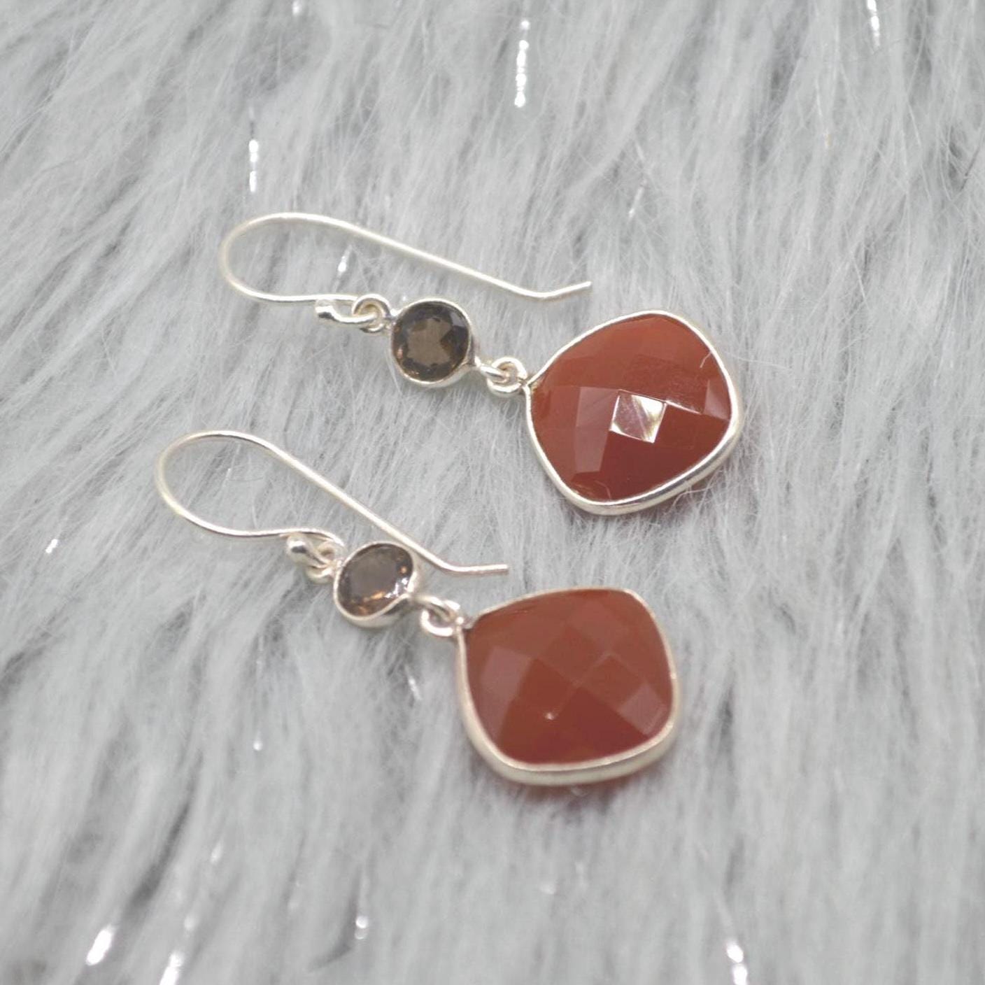 Smoky Quartz, Carnelian Earrings: Sterling Silver, Dangle Drop