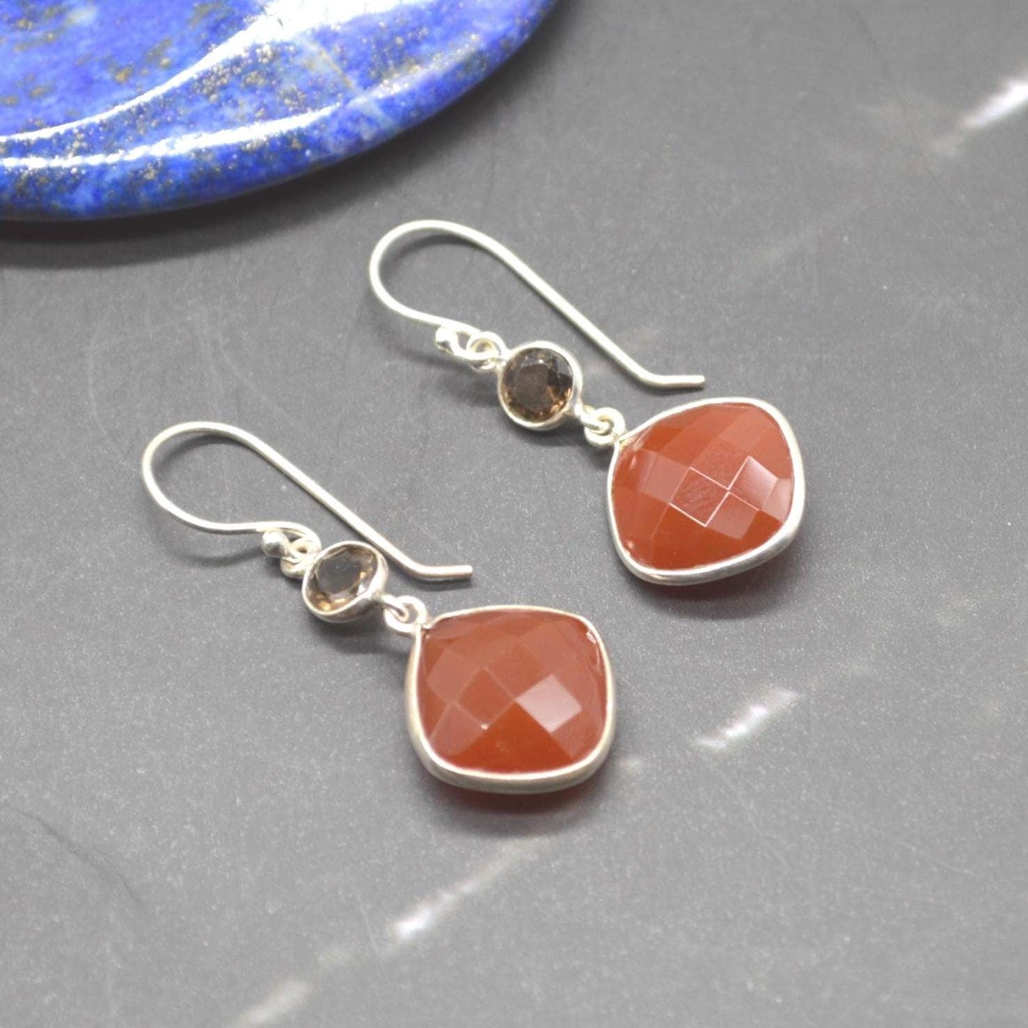 Smoky Quartz, Carnelian Earrings: Sterling Silver, Dangle Drop