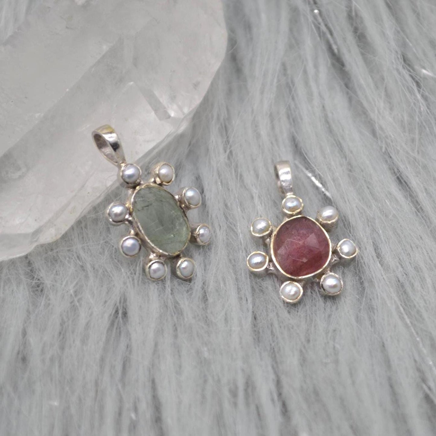 Pearl Tourmaline Pendant Necklace: Sterling Silver, June October Birthstone, White Pink Green Gemstone