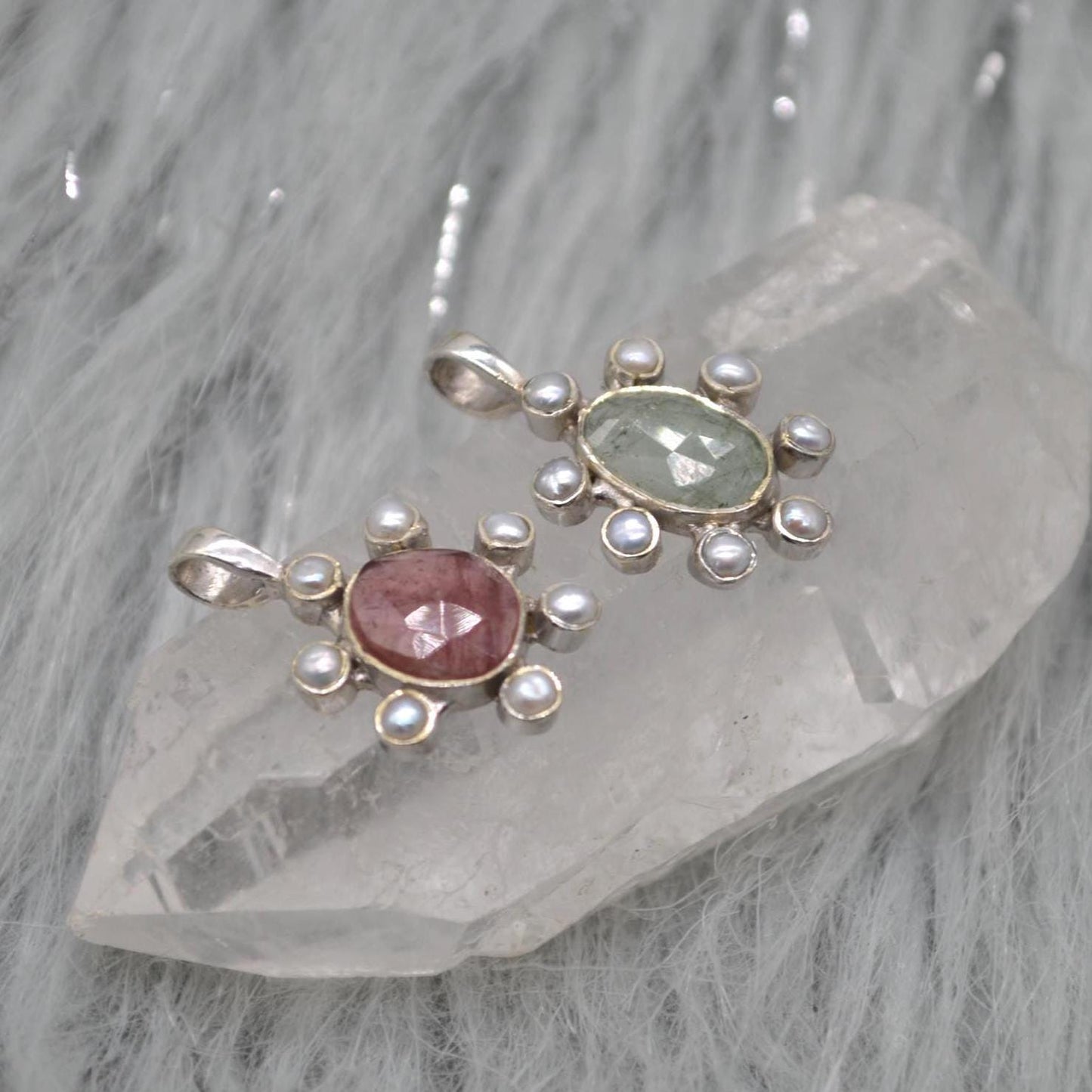 Pearl Tourmaline Pendant Necklace: Sterling Silver, June October Birthstone, White Pink Green Gemstone