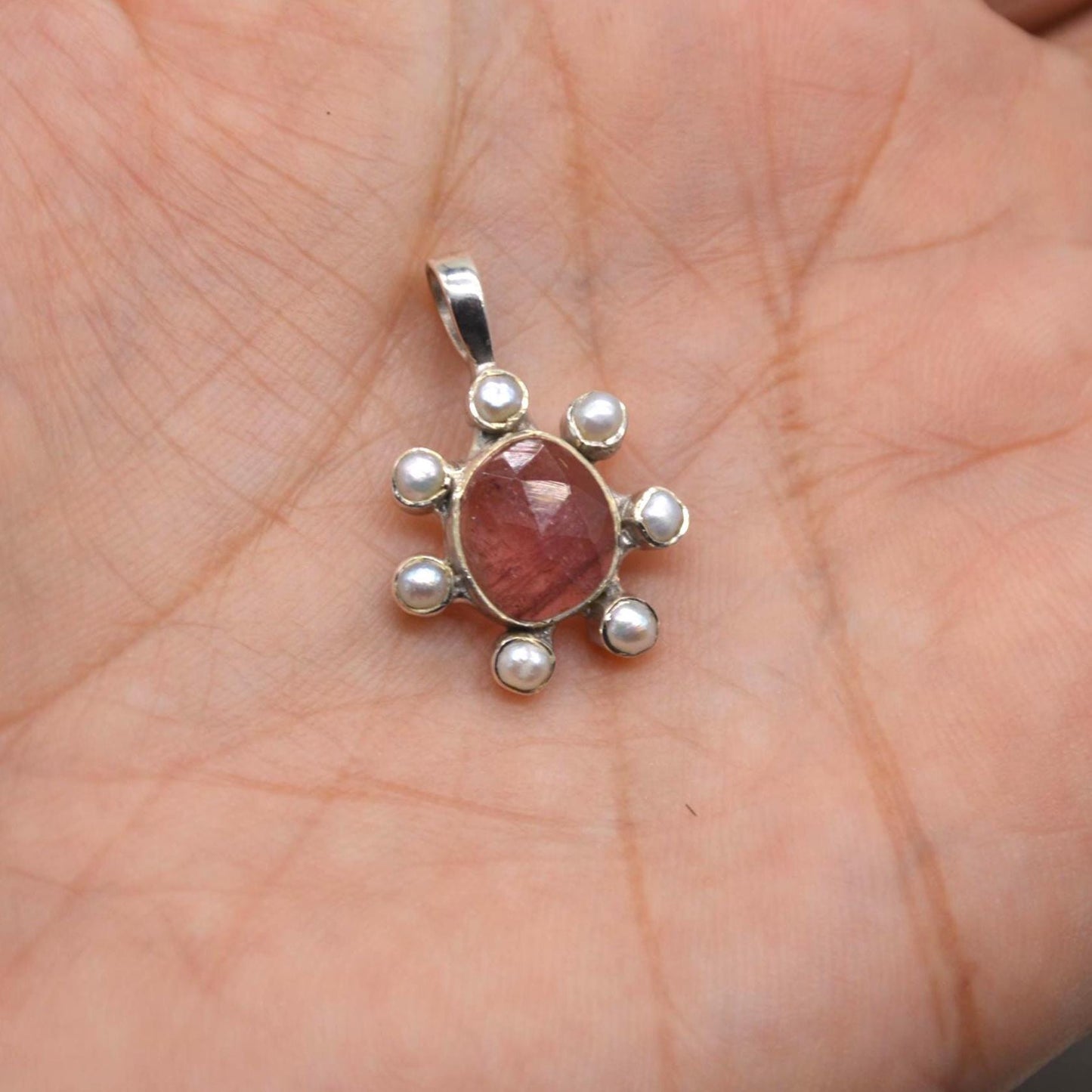 Pearl Tourmaline Pendant Necklace: Sterling Silver, June October Birthstone, White Pink Green Gemstone