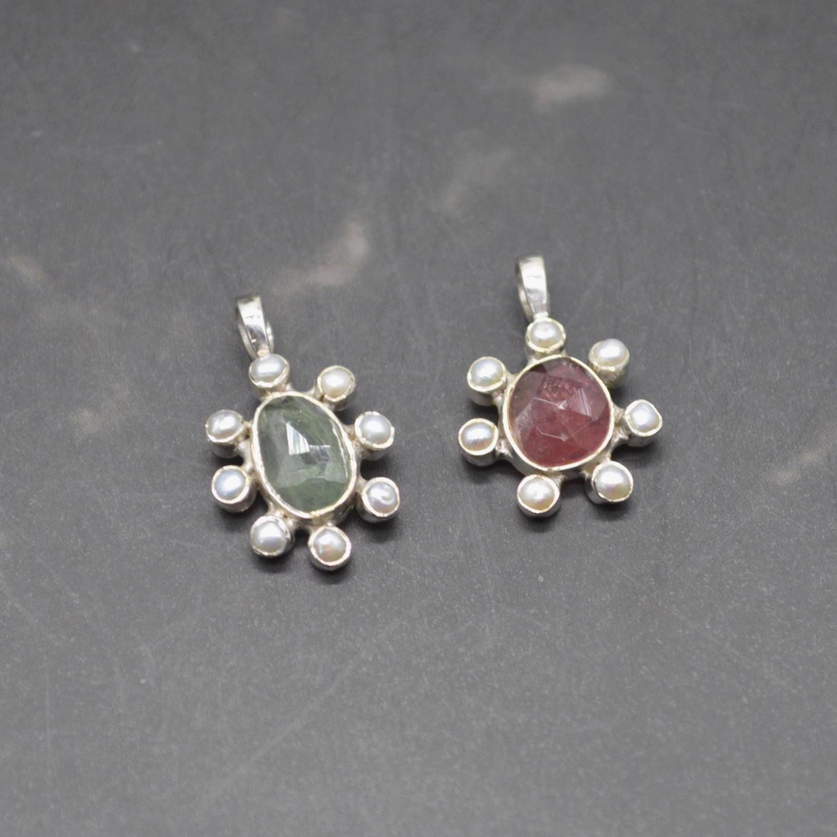 Pearl Tourmaline Pendant Necklace: Sterling Silver, June October Birthstone, White Pink Green Gemstone