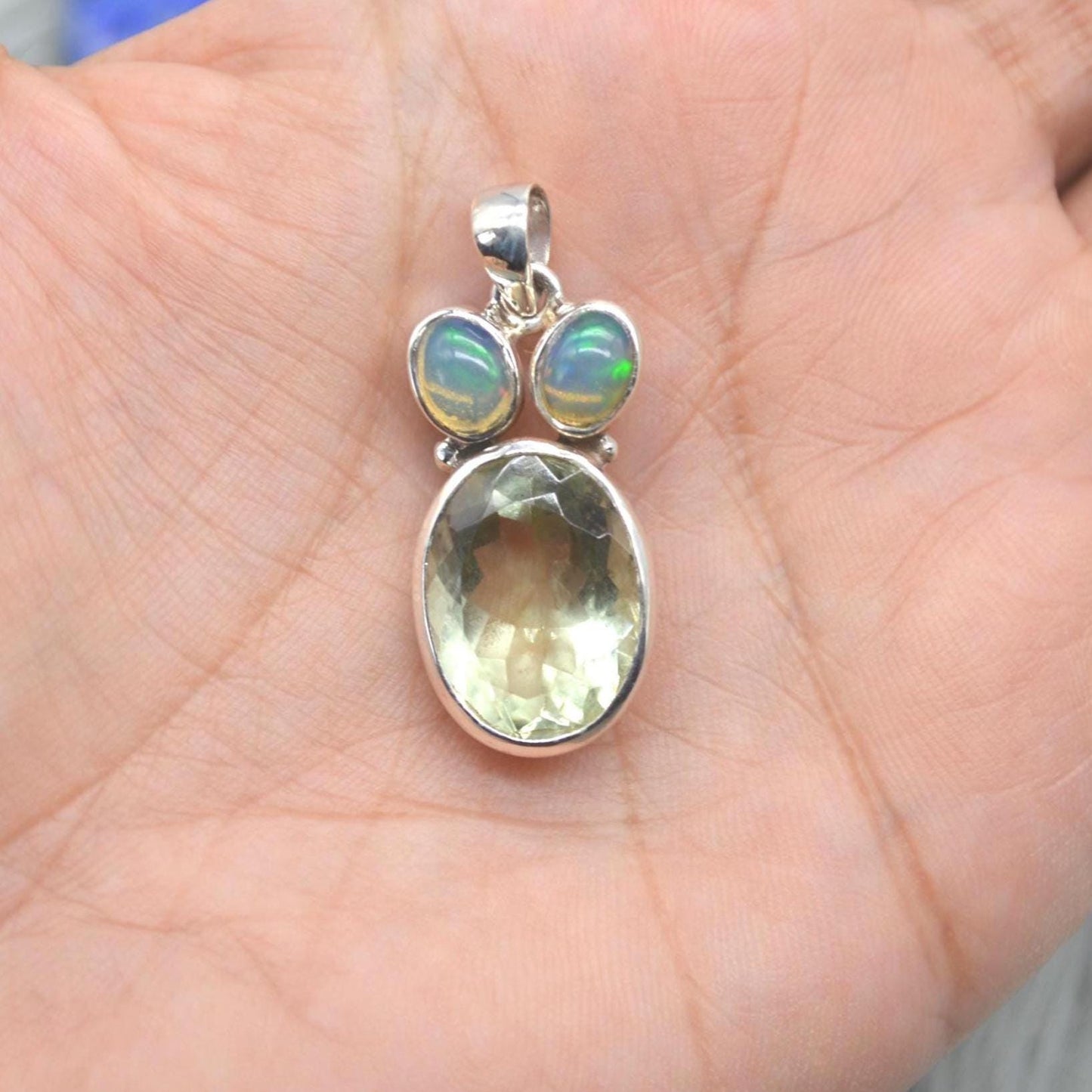 Green Amethyst, Opal Pendant: Sterling Silver, Oval Gemstone