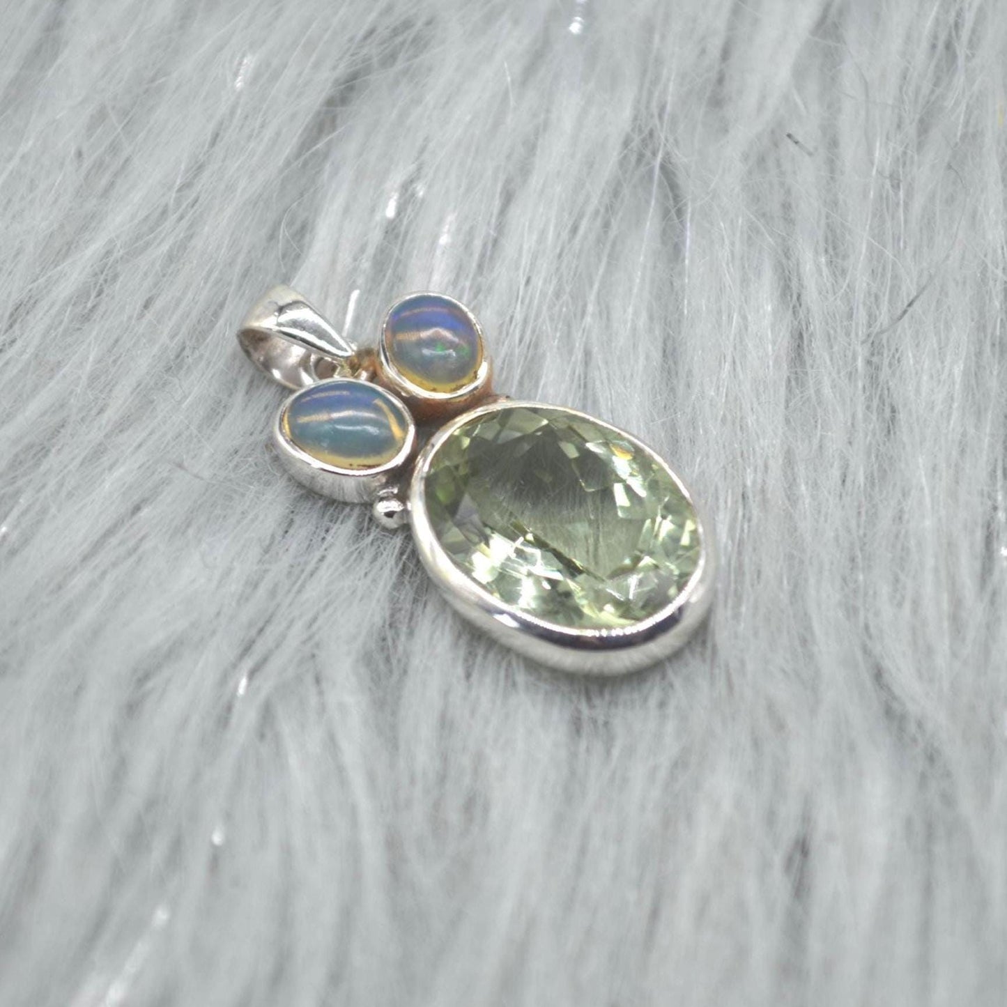 Green Amethyst, Opal Pendant: Sterling Silver, Oval Gemstone
