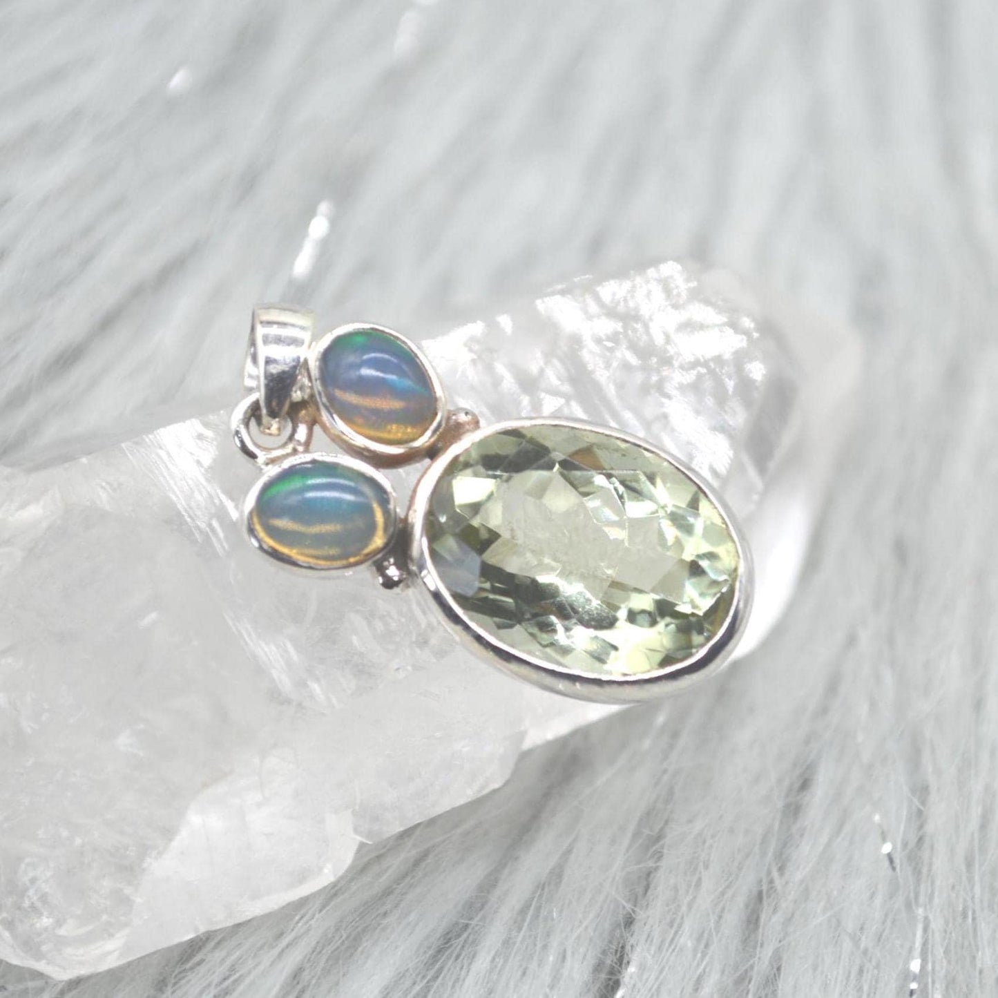 Green Amethyst, Opal Pendant: Sterling Silver, Oval Gemstone