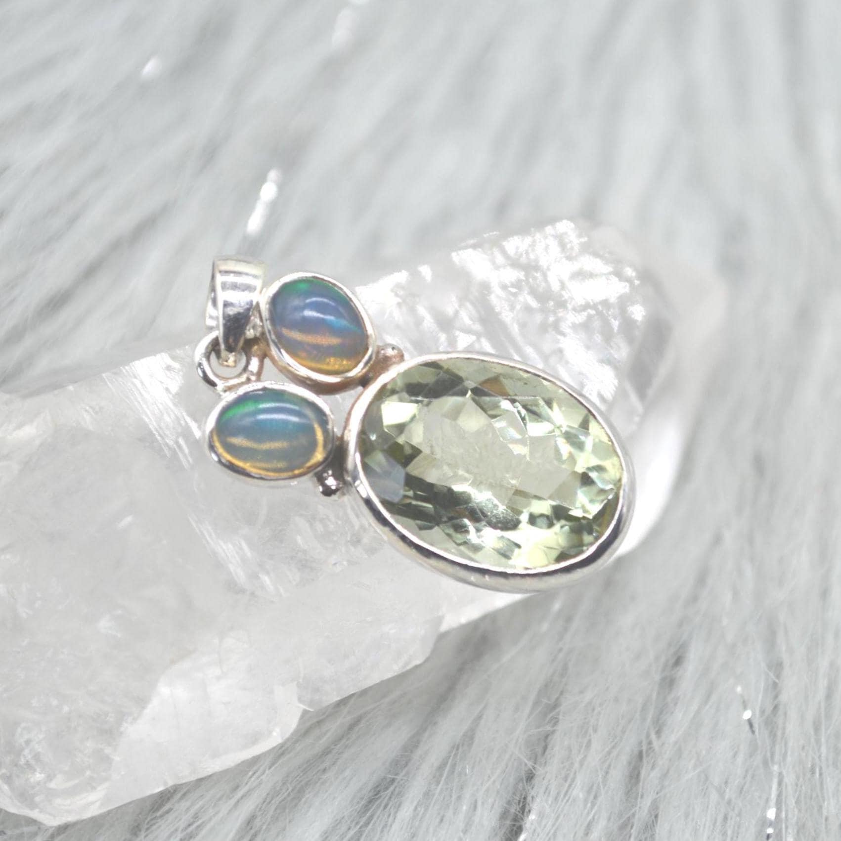 Green Amethyst, Opal Pendant: Sterling Silver, Oval Gemstone