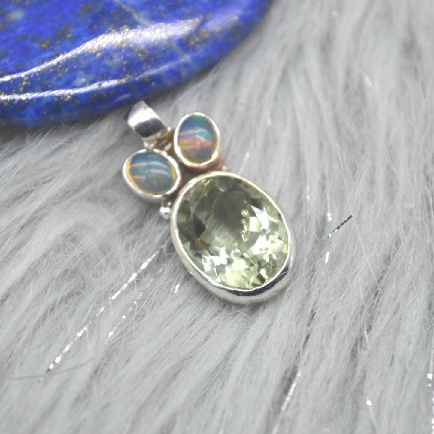 Green Amethyst, Opal Pendant: Sterling Silver, Oval Gemstone
