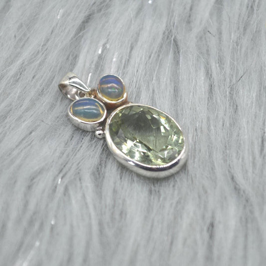 Green Amethyst, Opal Pendant: Sterling Silver, Oval Gemstone