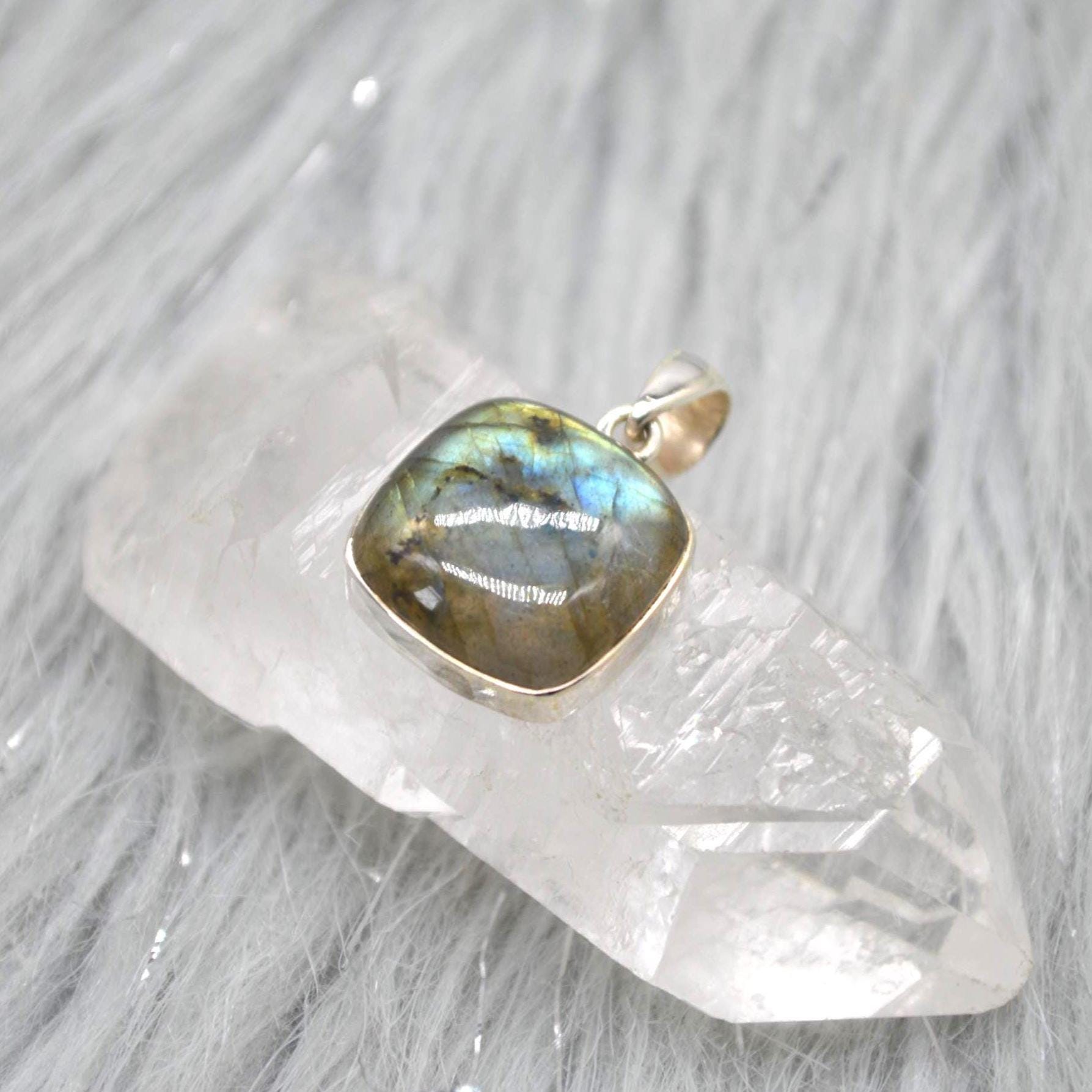 Labradorite Pendant: Dainty Square Sterling Silver Pendant