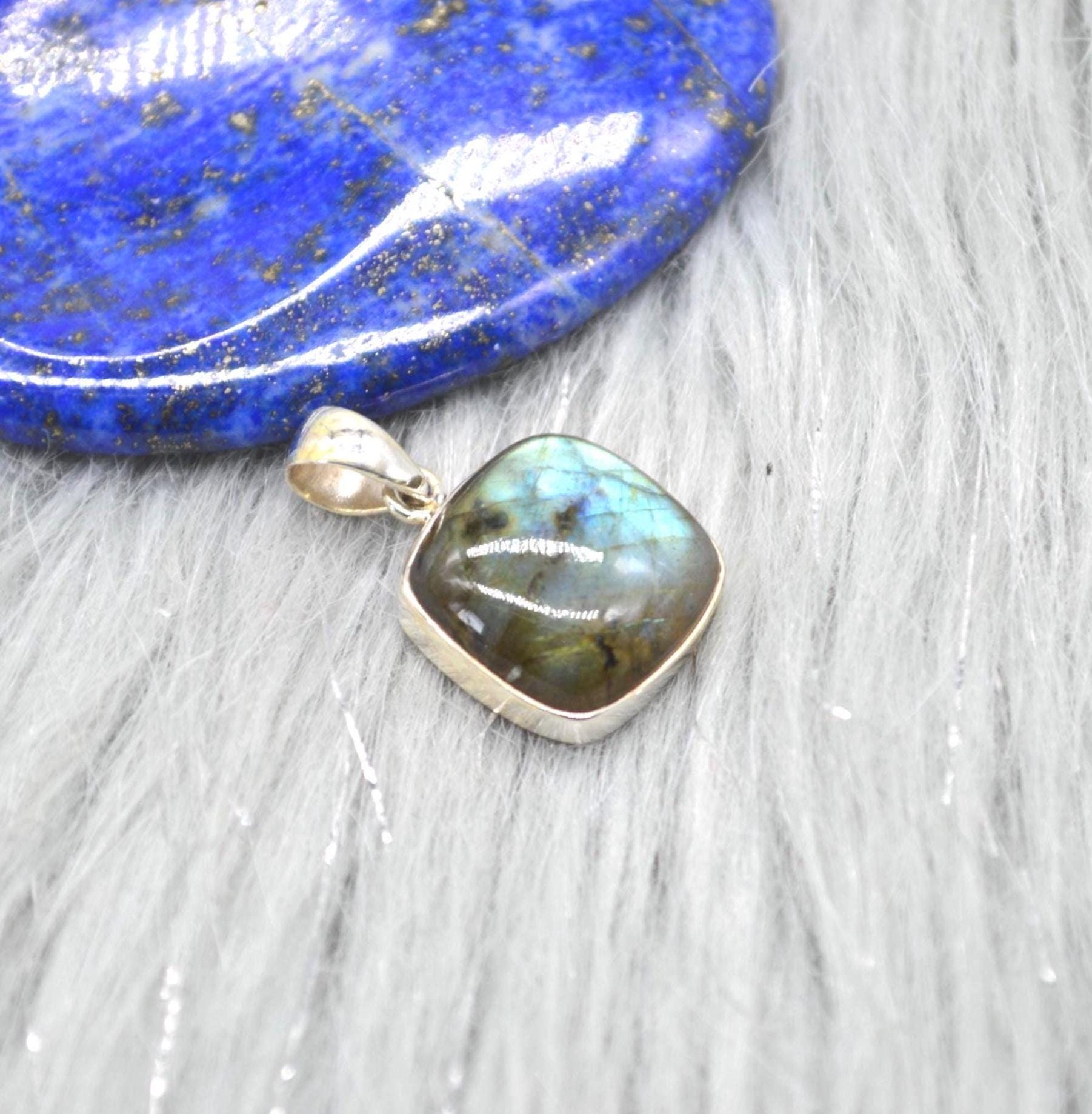 Labradorite Pendant: Dainty Square Sterling Silver Pendant