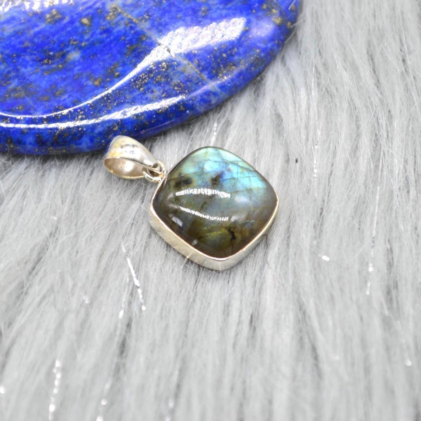 Labradorite Pendant: Dainty Square Sterling Silver Pendant