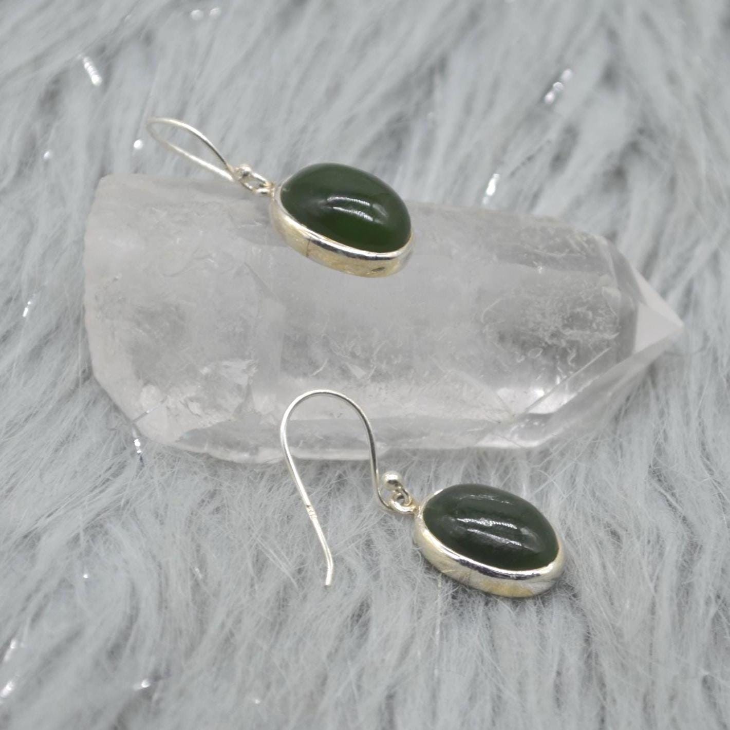 Green Jade Earrings: Sterling Silver Dangle Drop, Oval Gemstone