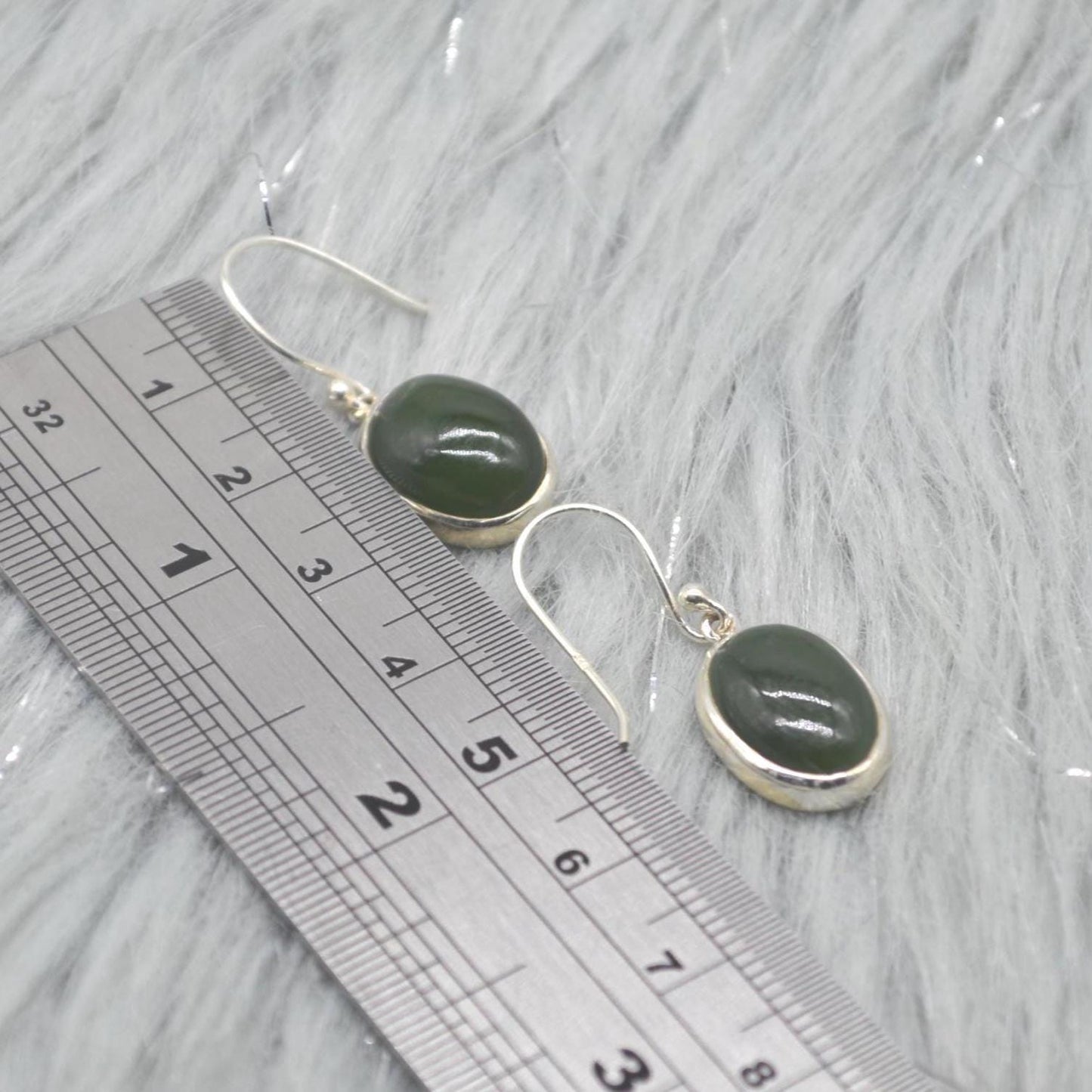 Green Jade Earrings: Sterling Silver Dangle Drop, Oval Gemstone