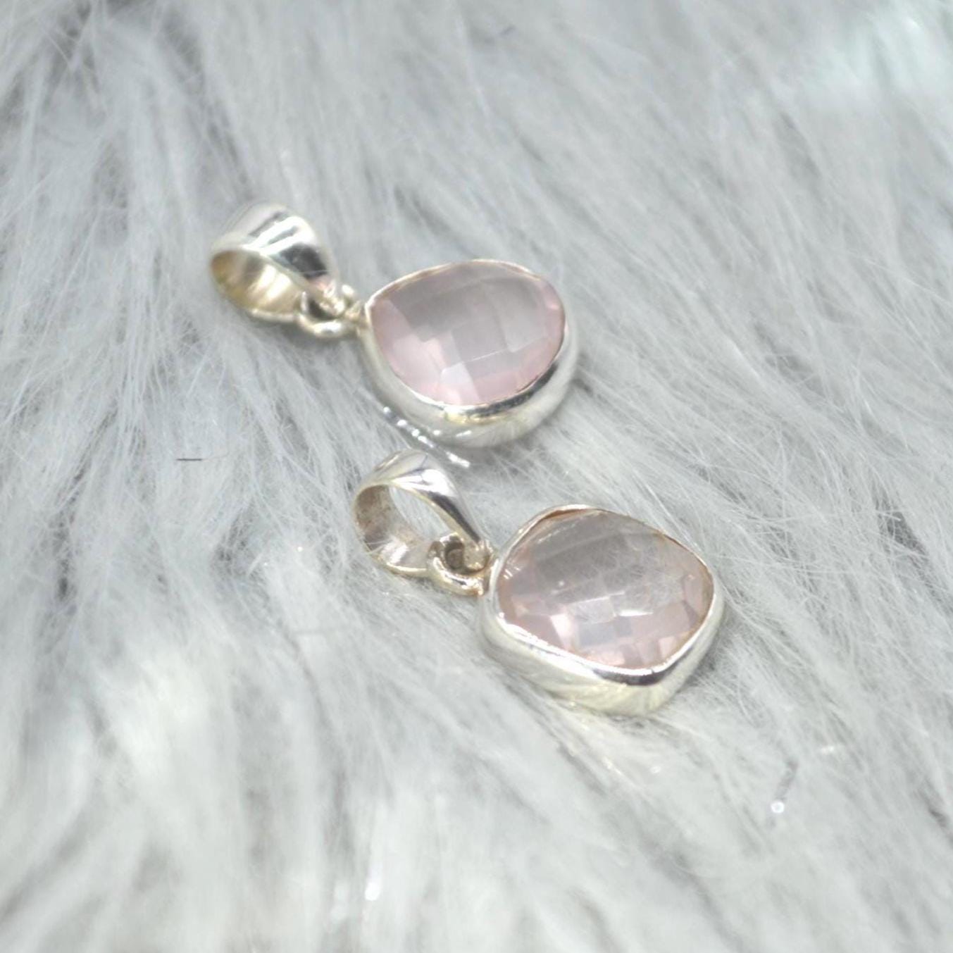 Rose Quartz Pendant Necklace: Sterling Silver, Pink Gemstone, Teardrop or Square