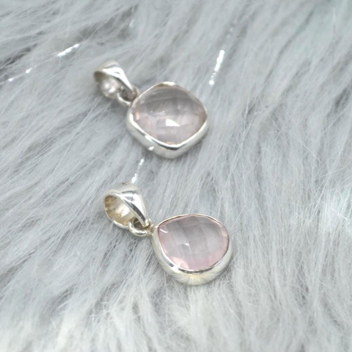 Rose Quartz Pendant Necklace: Sterling Silver, Pink Gemstone, Teardrop or Square