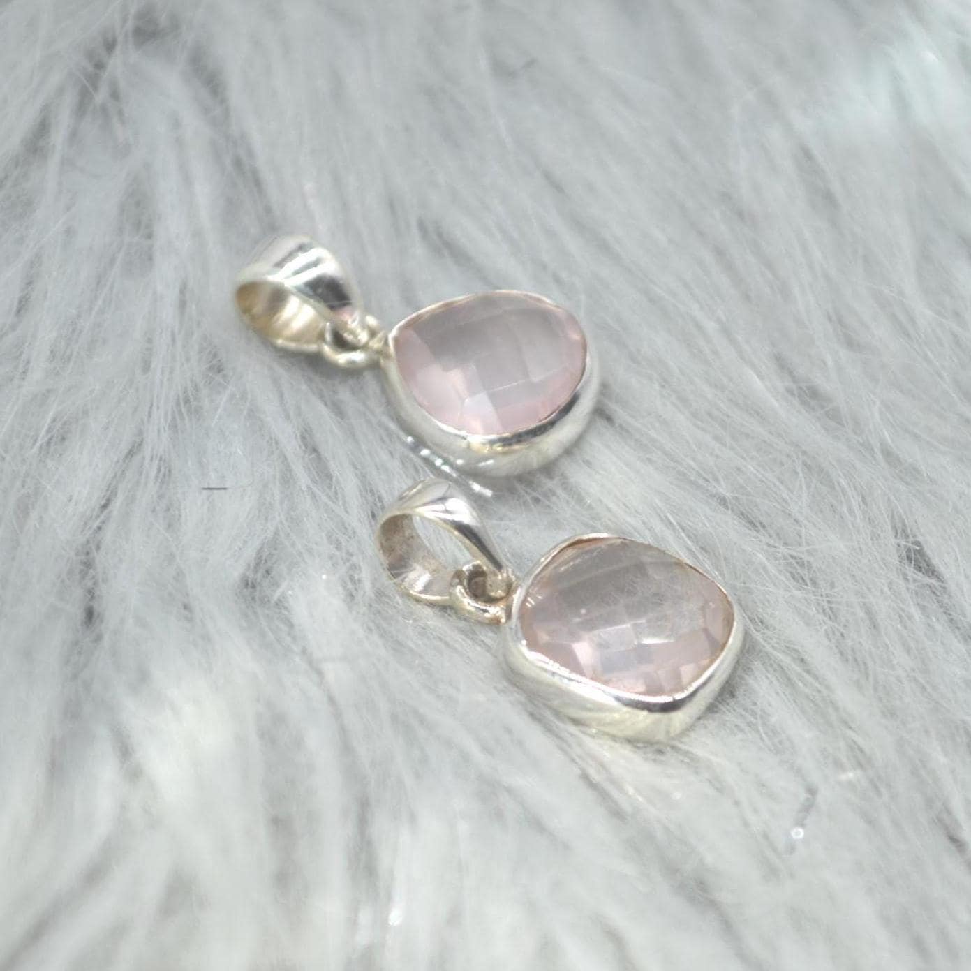 Rose Quartz Pendant Necklace: Sterling Silver, Pink Gemstone, Teardrop or Square