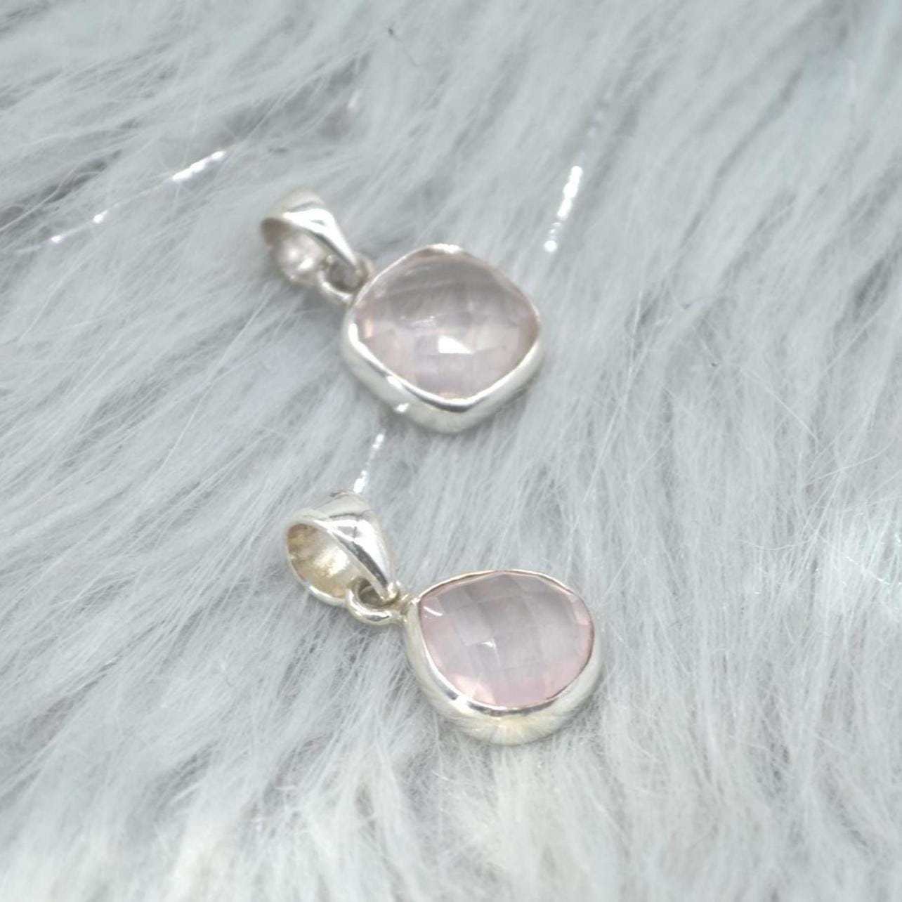 Rose Quartz Pendant Necklace: Sterling Silver, Pink Gemstone, Teardrop or Square