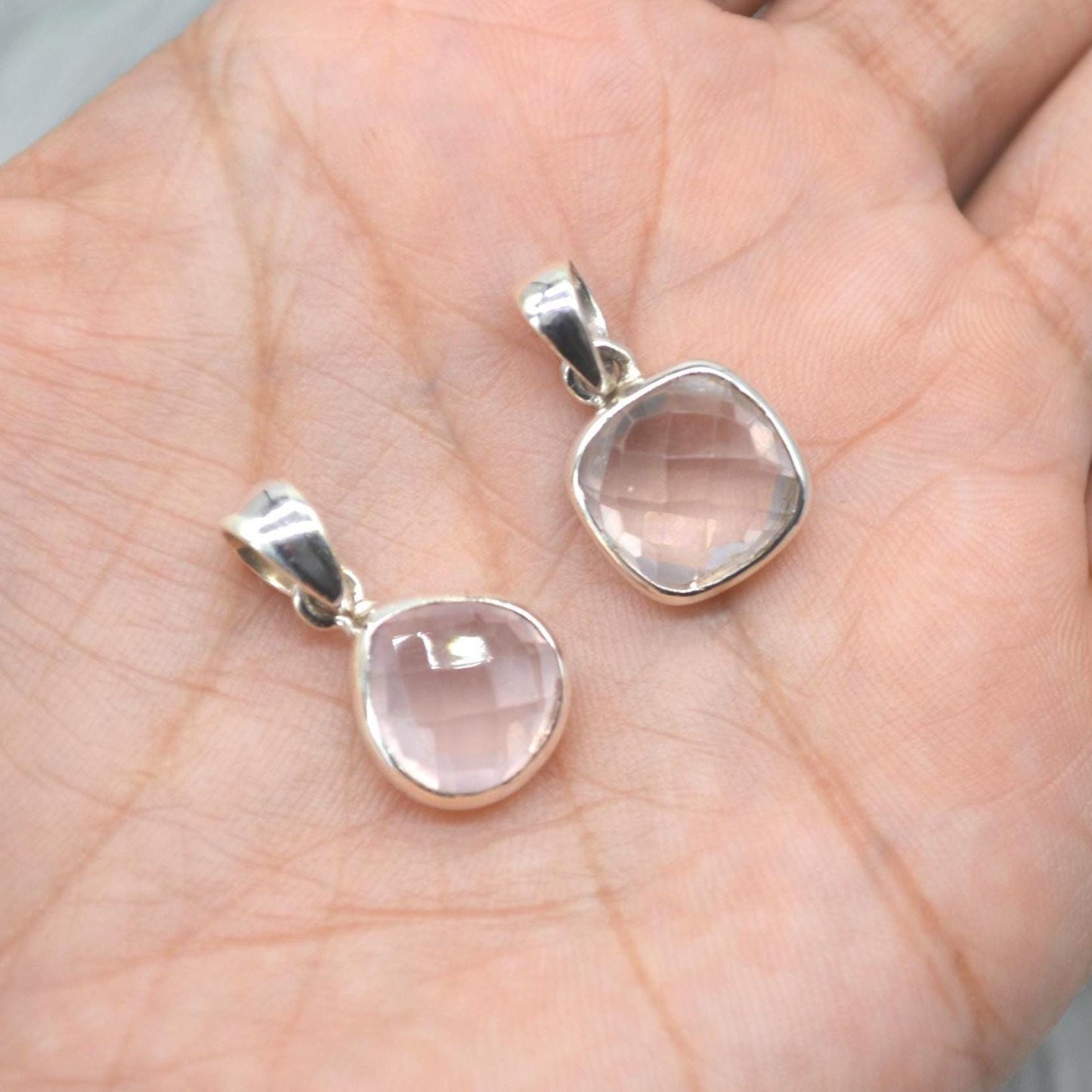 Rose Quartz Pendant Necklace: Sterling Silver, Pink Gemstone, Teardrop or Square