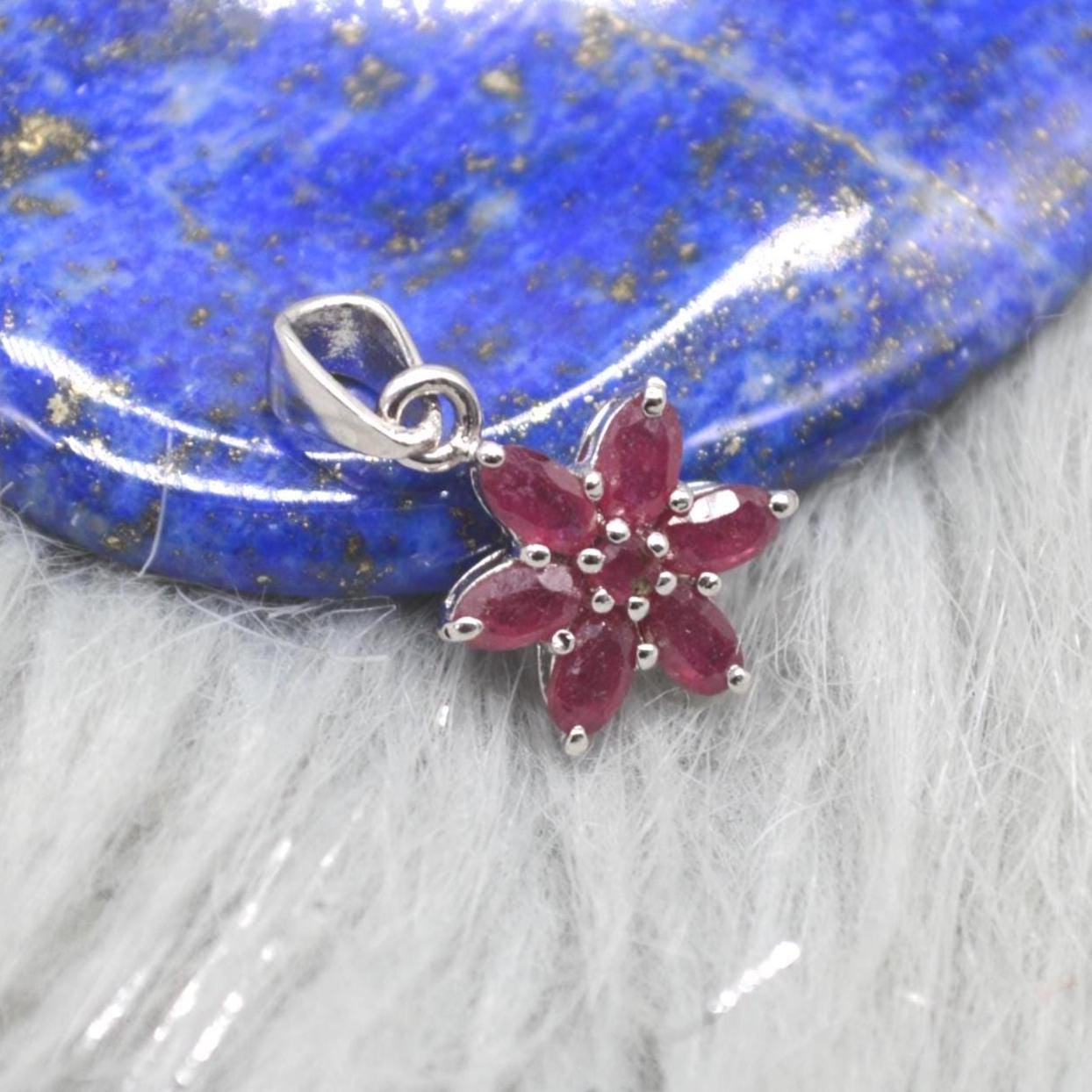 Floral Ruby Pendant Necklace: Sterling Silver, Red Gemstone, July Birthstone