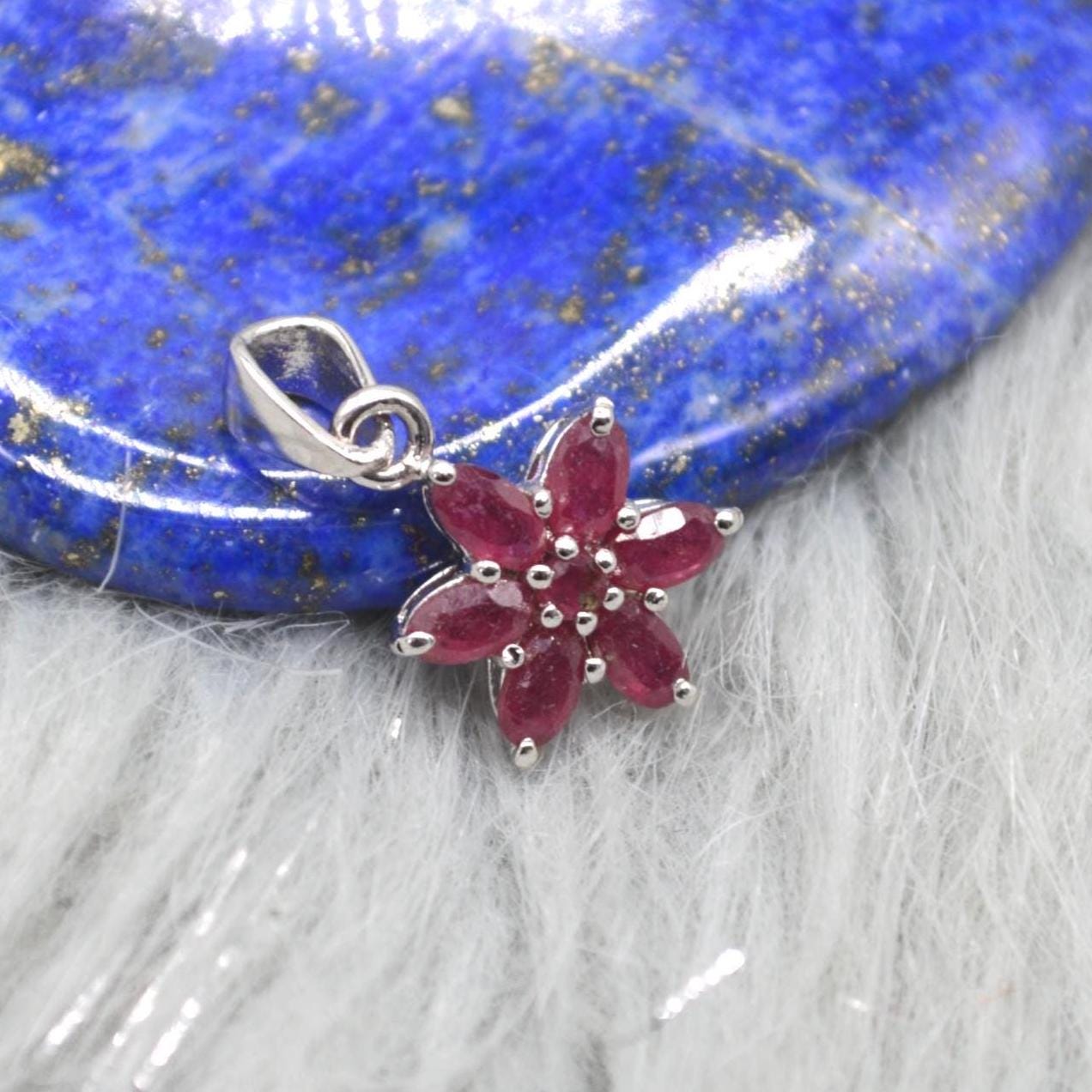 Floral Ruby Pendant Necklace: Sterling Silver, Red Gemstone, July Birthstone