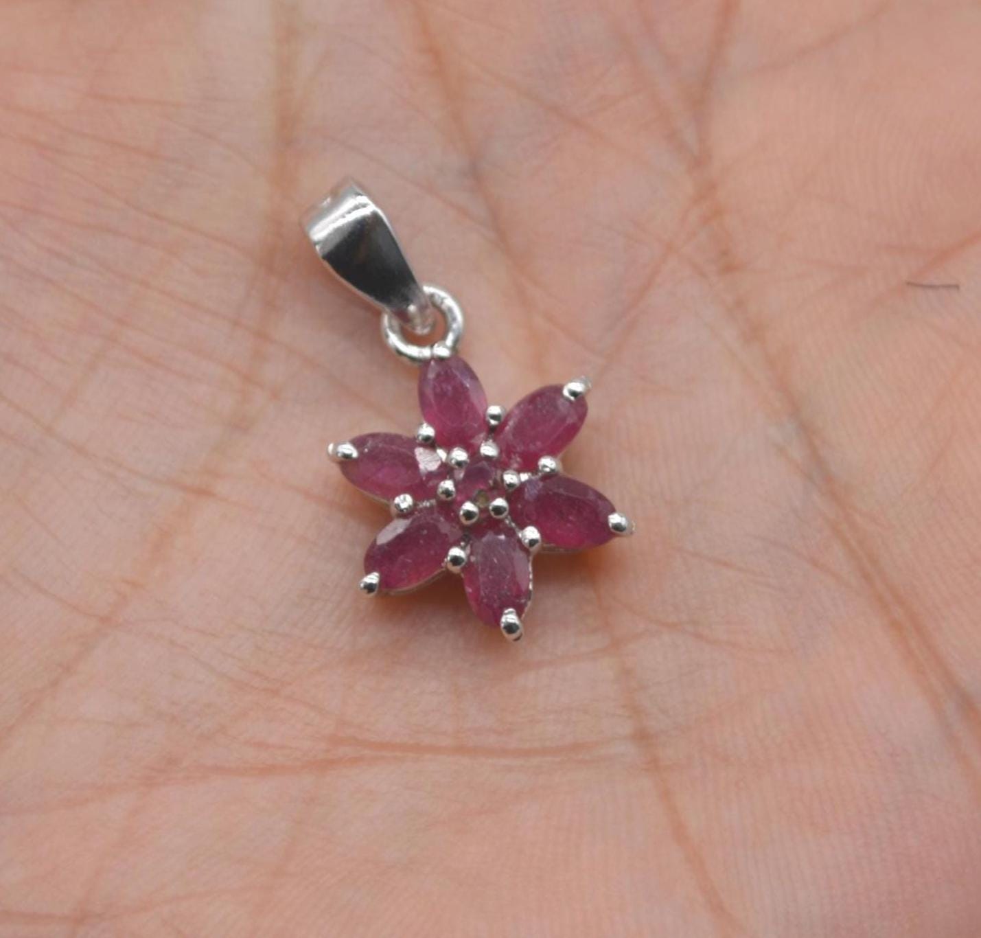 Floral Ruby Pendant Necklace: Sterling Silver, Red Gemstone, July Birthstone