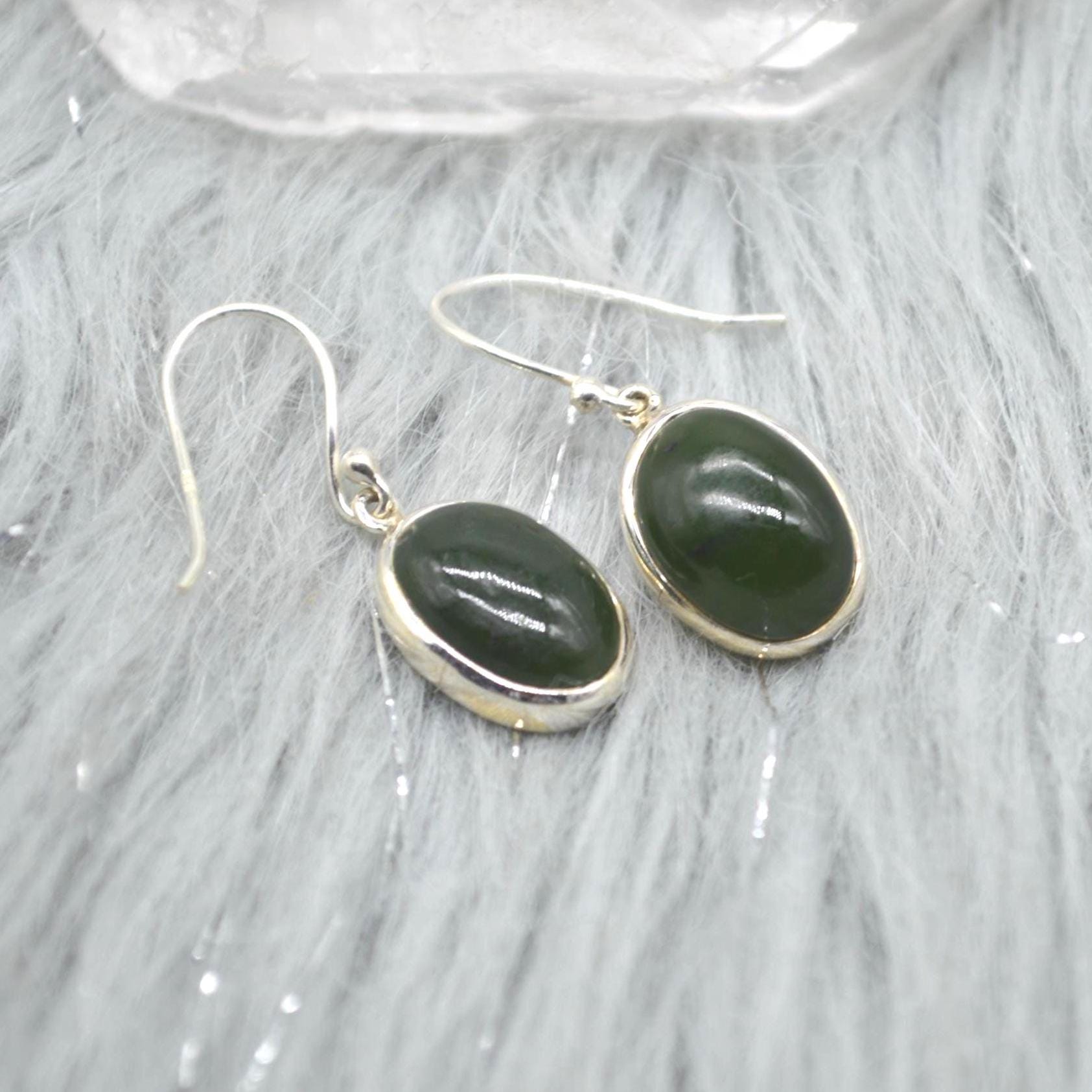 Green Jade Earrings: Sterling Silver Dangle Drop, Oval Gemstone