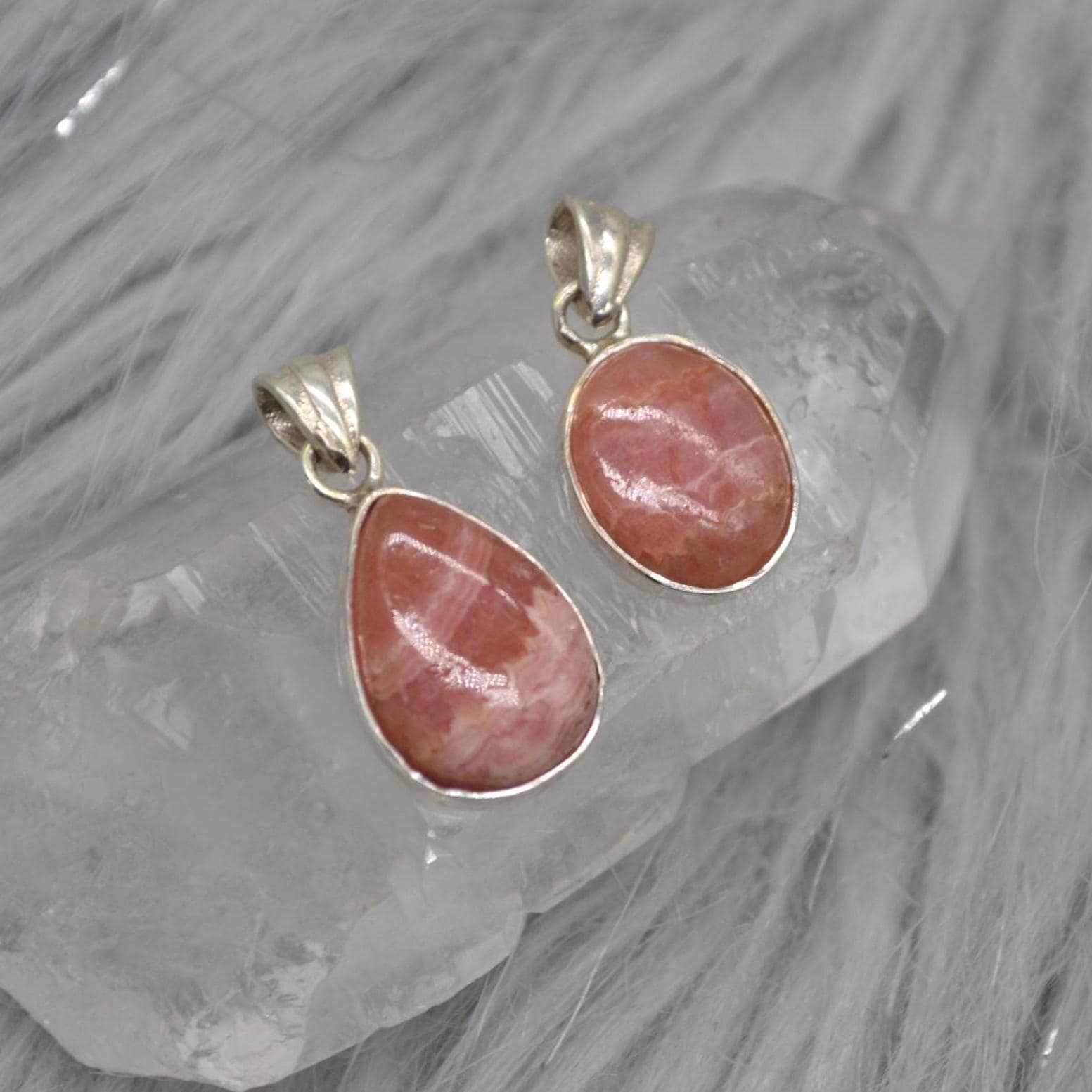 Rhodochrosite Pendant Necklace: Sterling Silver, Pink Gemstone, Oval or Teardrop
