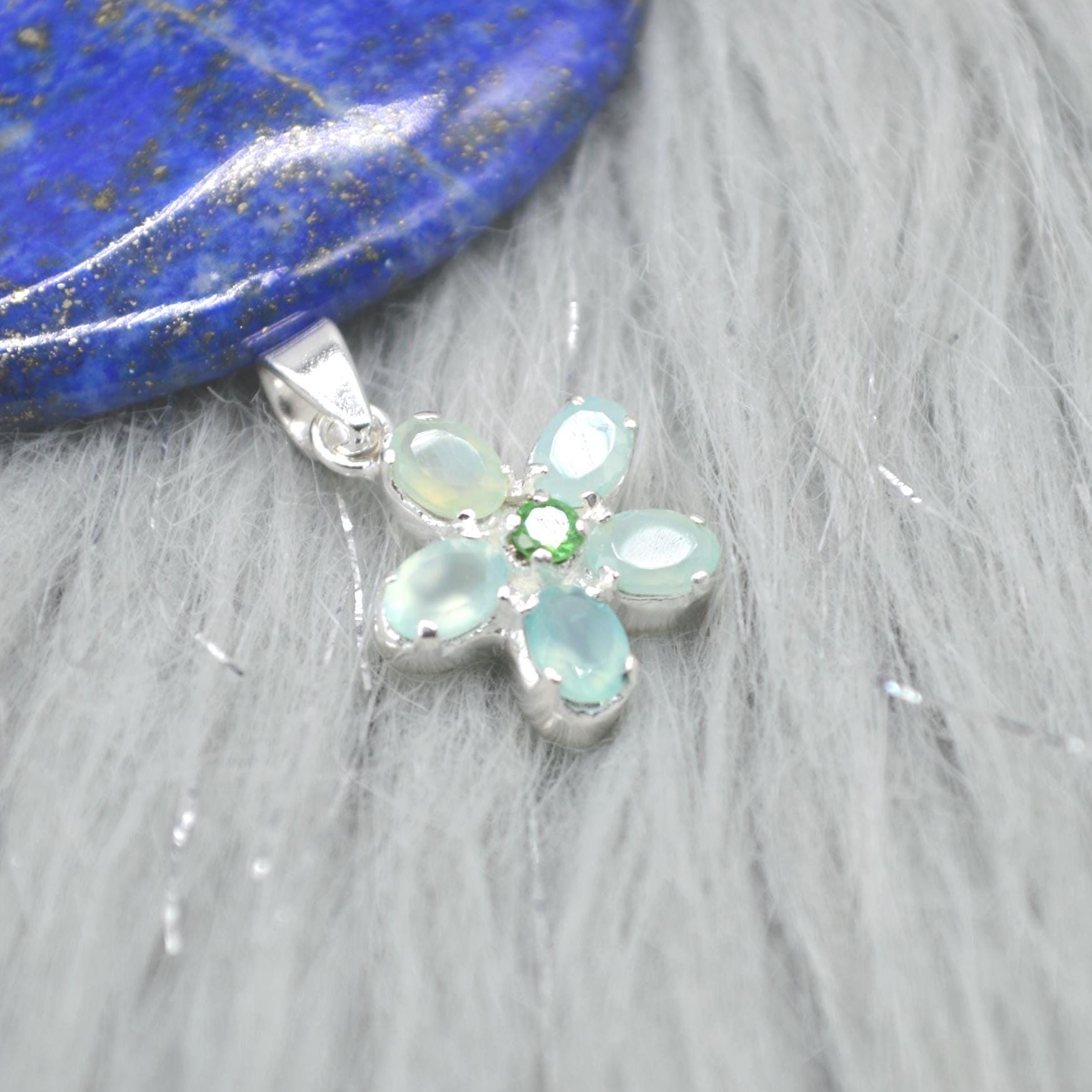 Aqua Chalcedony, Emerald Pendant Necklace: Sterling Silver, Floral, May Birthstone