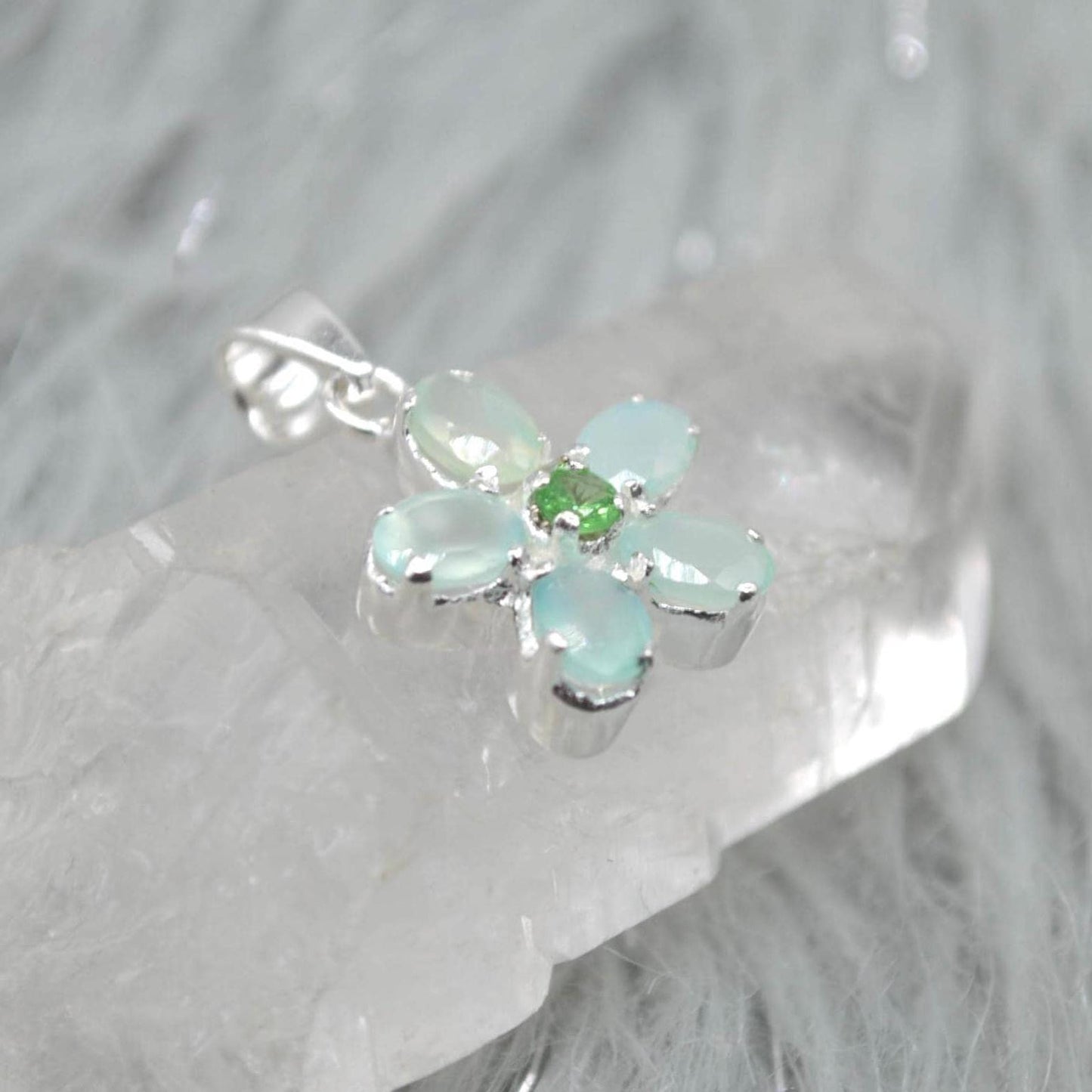 Aqua Chalcedony, Emerald Pendant Necklace: Sterling Silver, Floral, May Birthstone