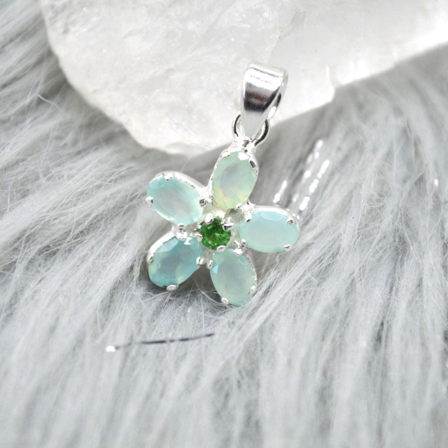 Aqua Chalcedony, Emerald Pendant Necklace: Sterling Silver, Floral, May Birthstone