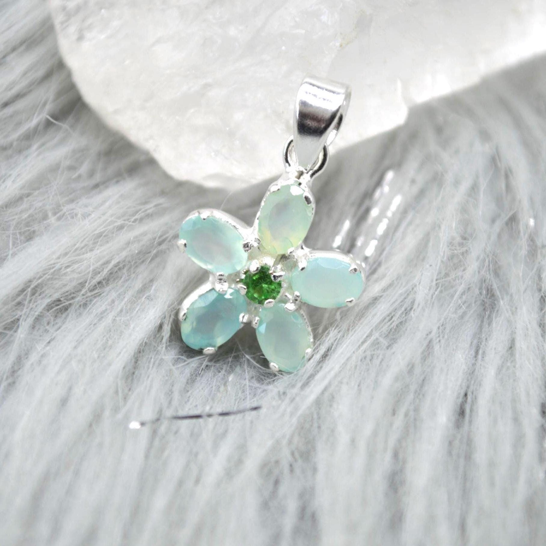 Aqua Chalcedony, Emerald Pendant Necklace: Sterling Silver, Floral, May Birthstone