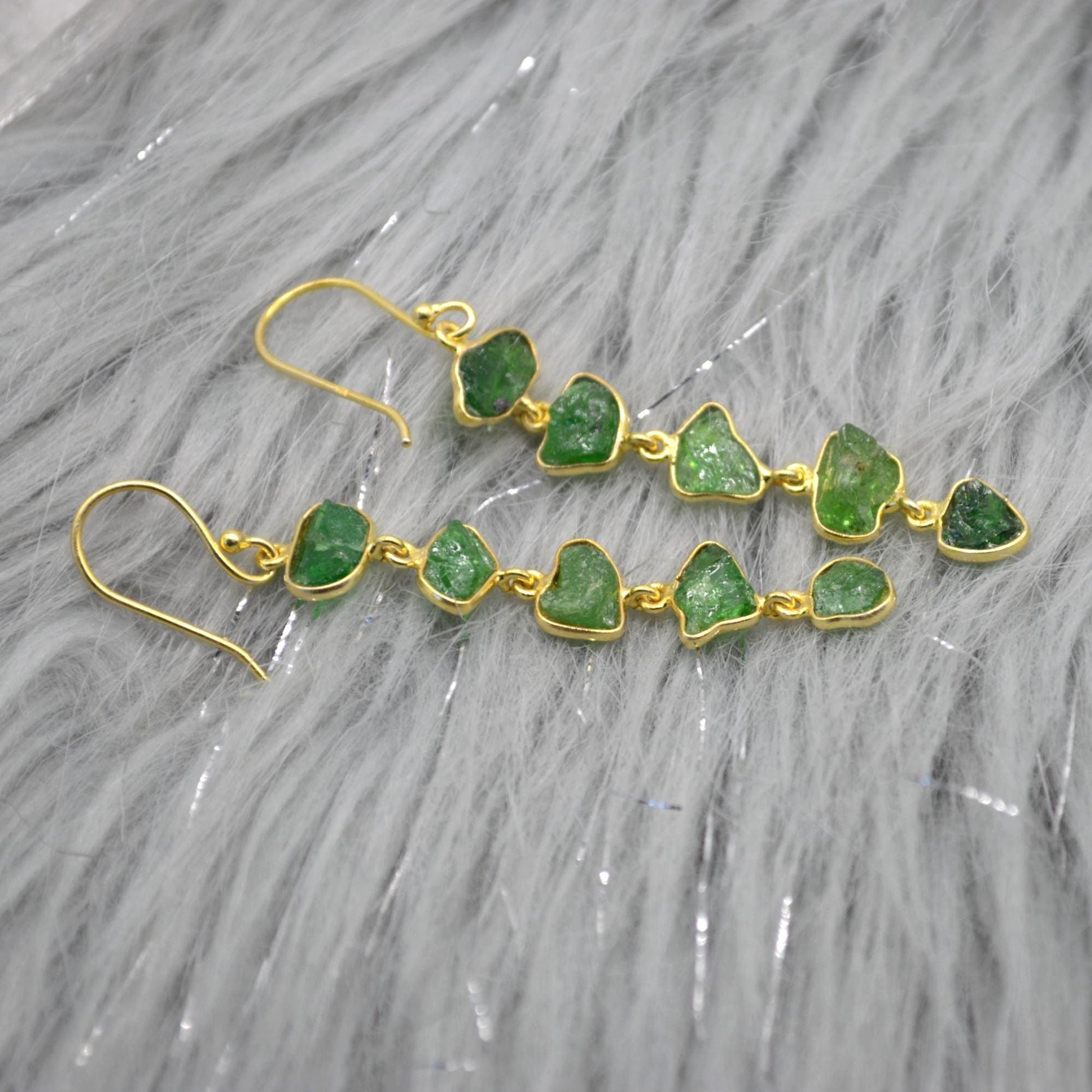 Green Tsavorite Garnet Gold Earrings: Sterling Silver, Long Gemstone Dangle Drop, January Birthstone