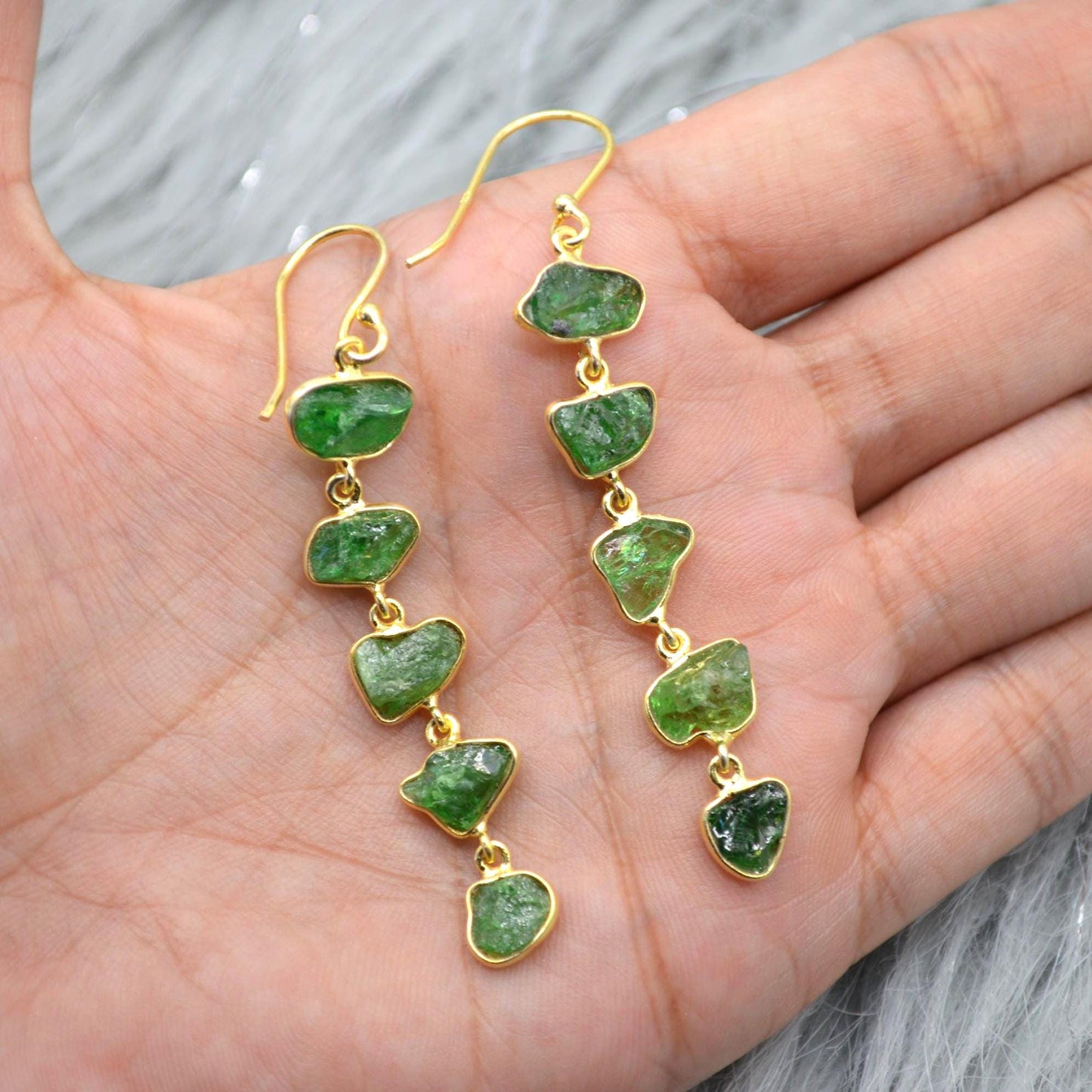 Green Tsavorite Garnet Gold Earrings: Sterling Silver, Long Gemstone Dangle Drop, January Birthstone