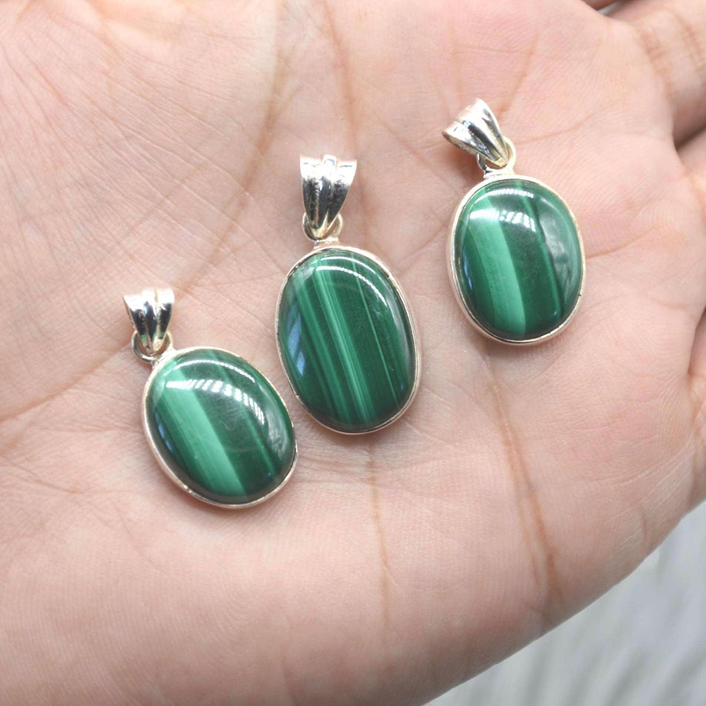 Malachite Pendant: Sterling Silver, Green Gemstone, Oval or Teardrop