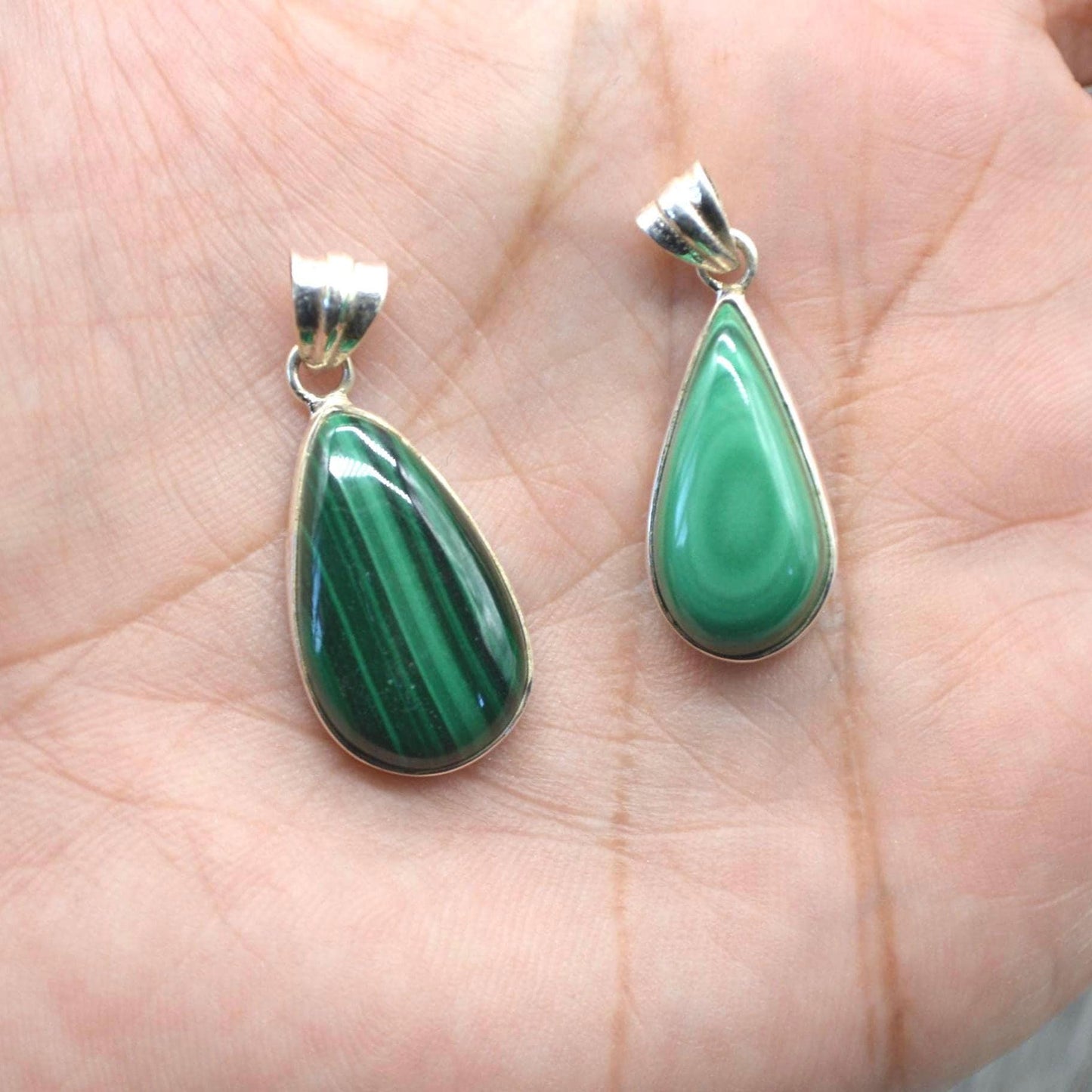 Malachite Pendant: Sterling Silver, Green Gemstone, Oval or Teardrop