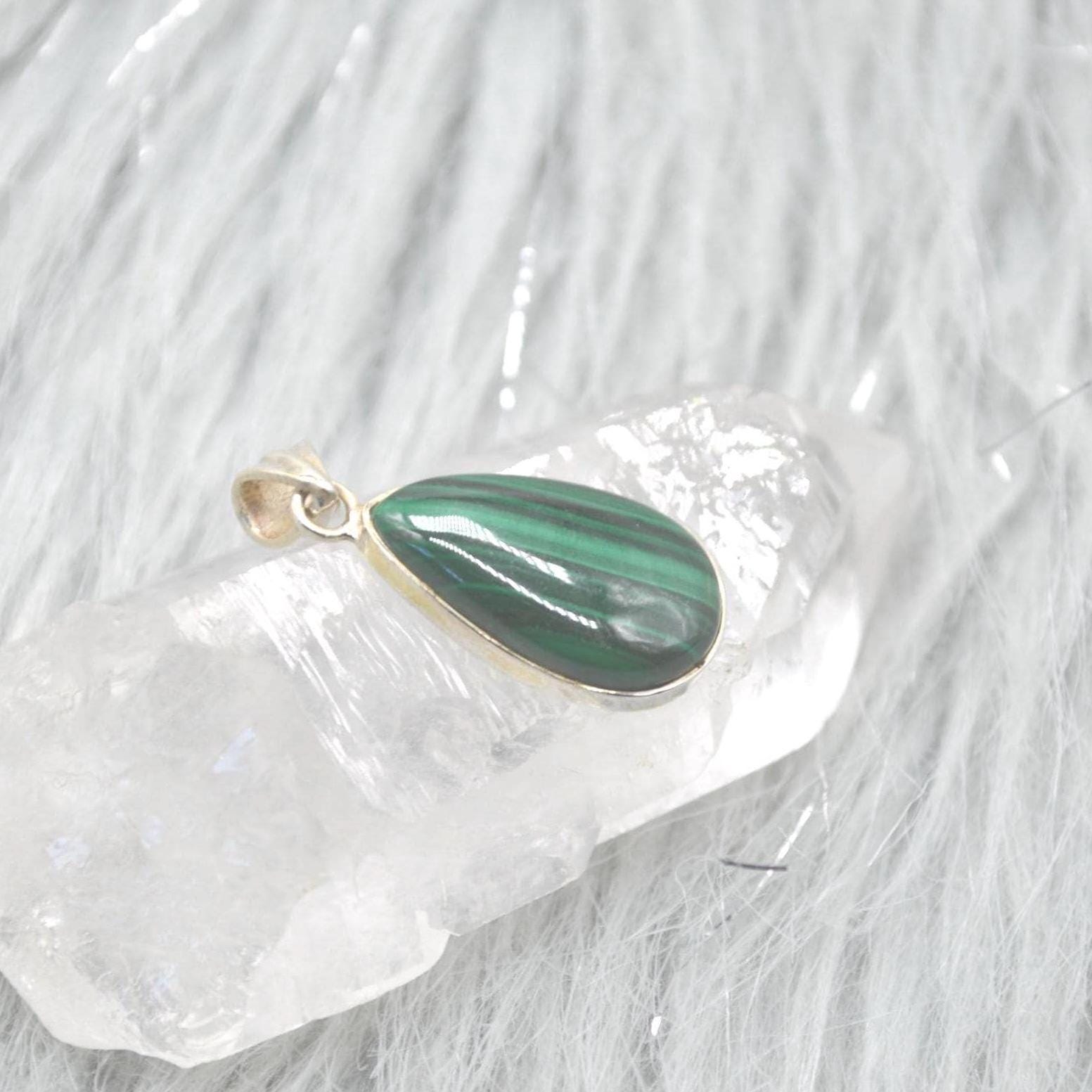 Malachite Pendant: Sterling Silver, Green Gemstone, Oval or Teardrop