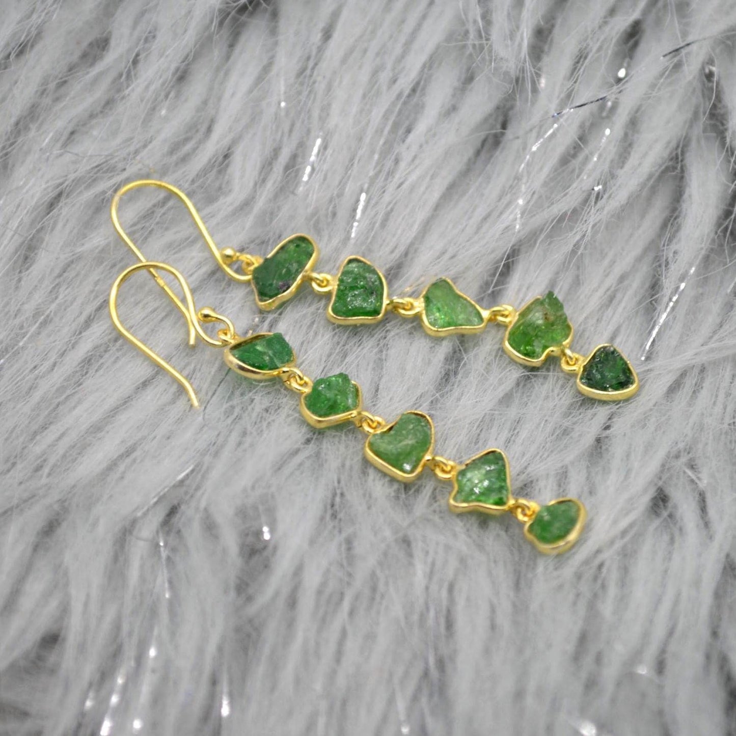 Green Tsavorite Garnet Gold Earrings: Sterling Silver, Long Gemstone Dangle Drop, January Birthstone