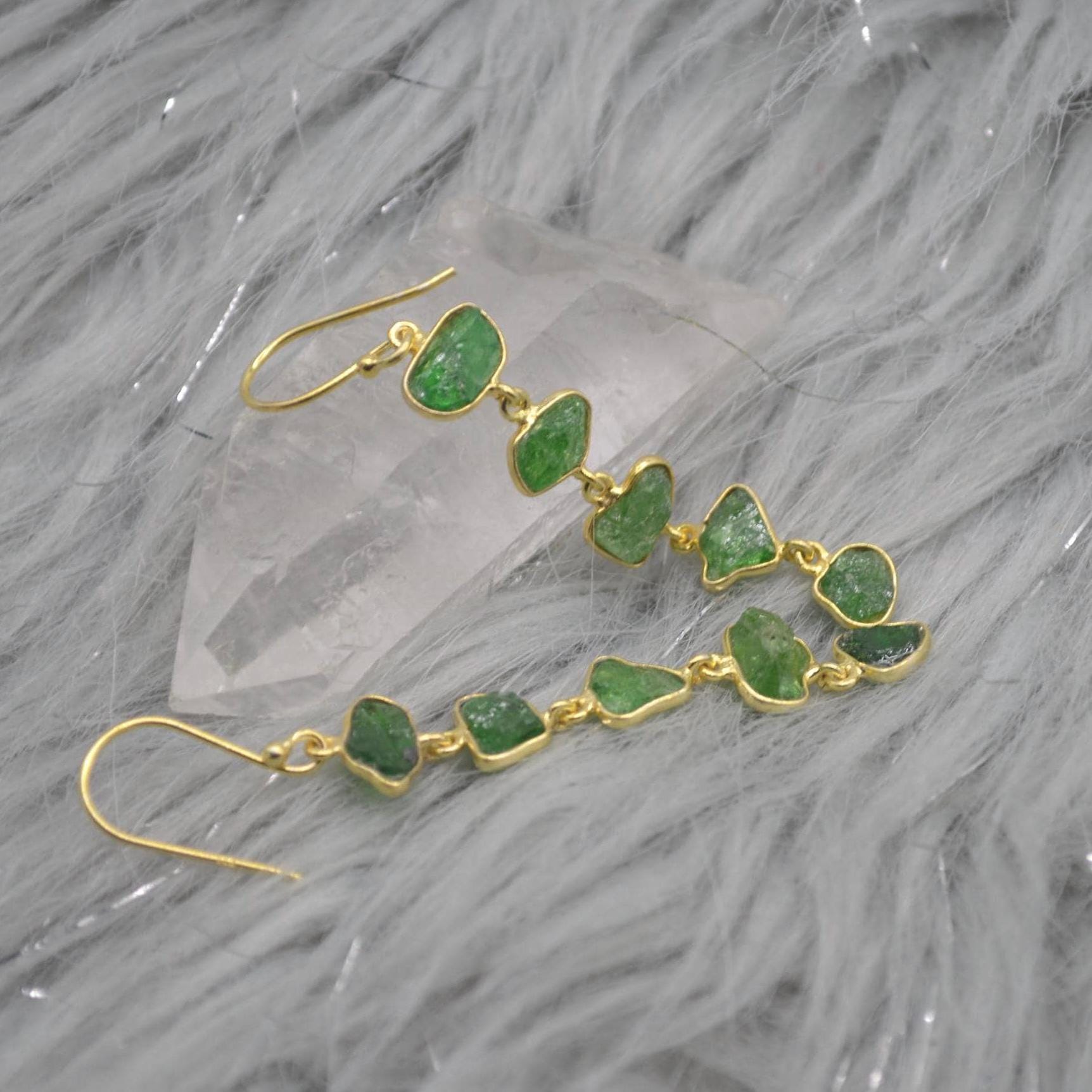 Green Tsavorite Garnet Gold Earrings: Sterling Silver, Long Gemstone Dangle Drop, January Birthstone