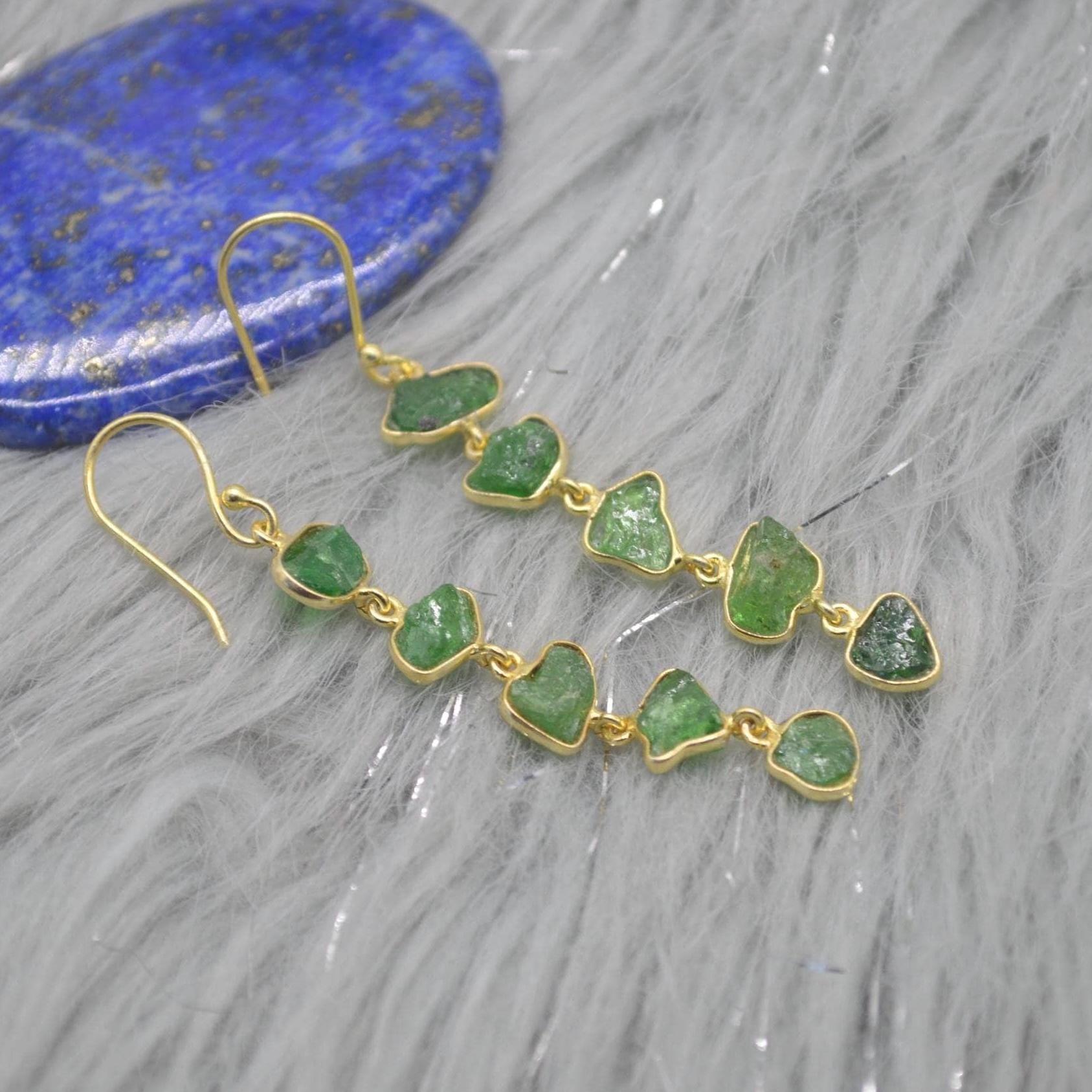 Green Tsavorite Garnet Gold Earrings: Sterling Silver, Long Gemstone Dangle Drop, January Birthstone