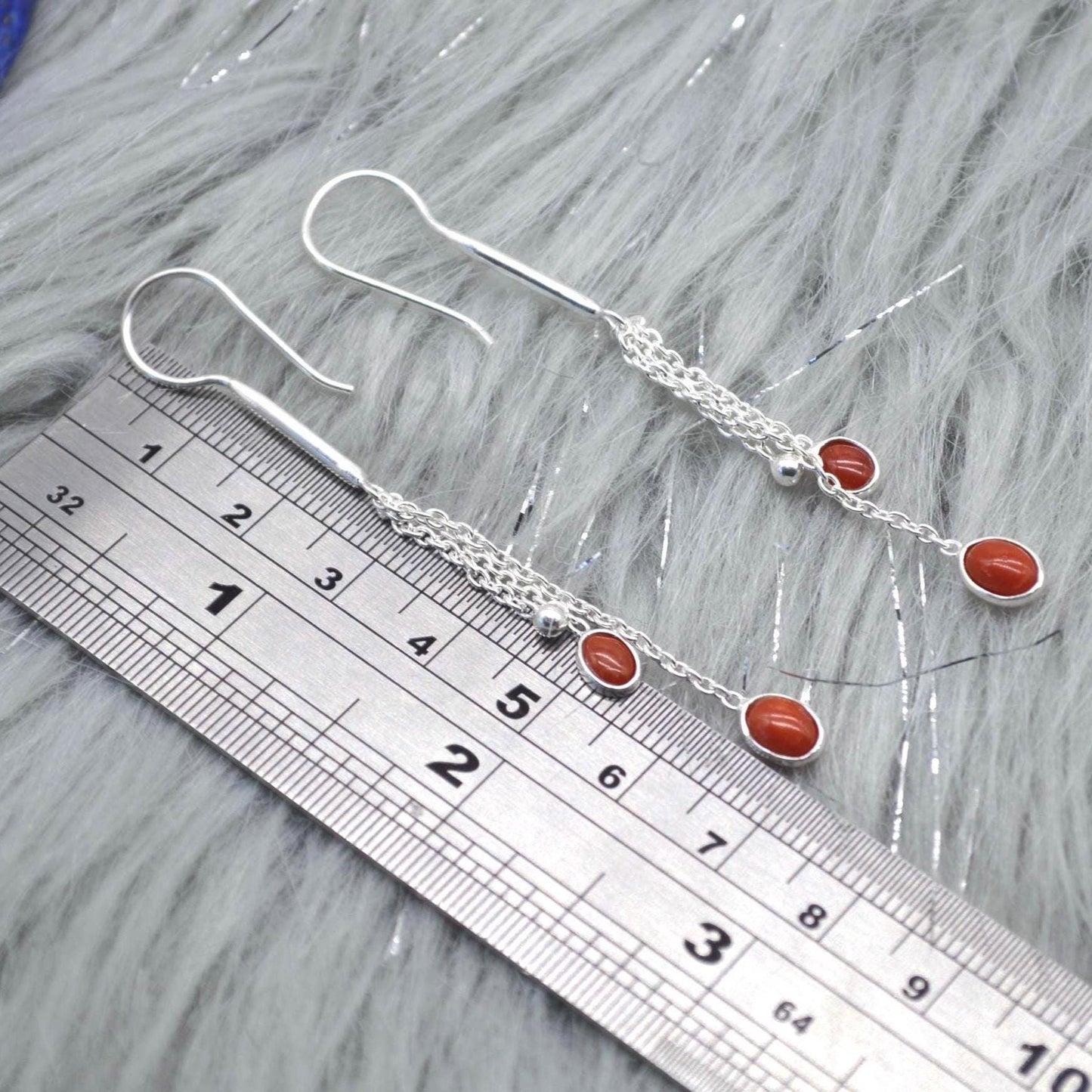 Red Coral Sterling Silver Drop Earrings: Dainty Gemstone Jewelry, Long Earrings