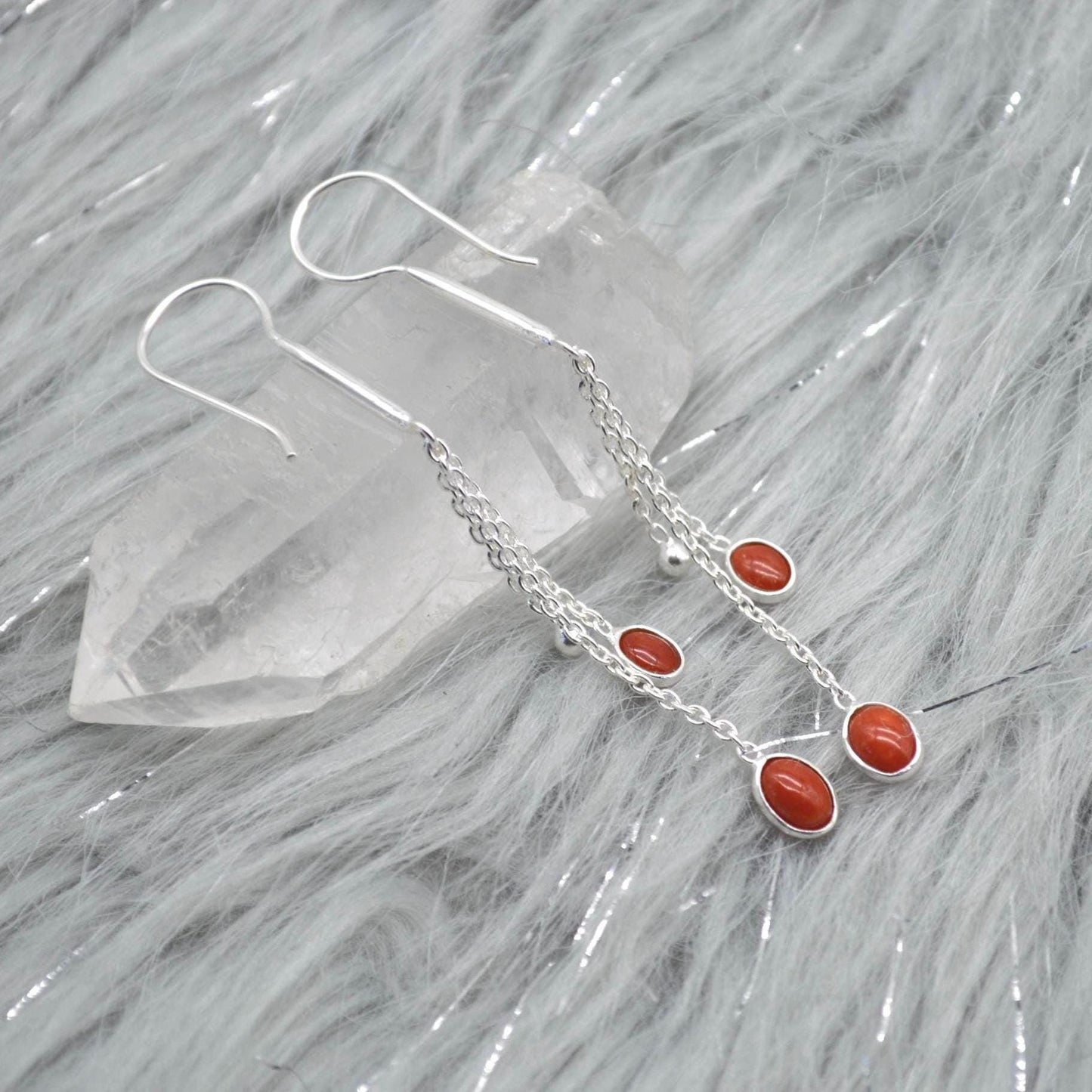 Red Coral Sterling Silver Drop Earrings: Dainty Gemstone Jewelry, Long Earrings