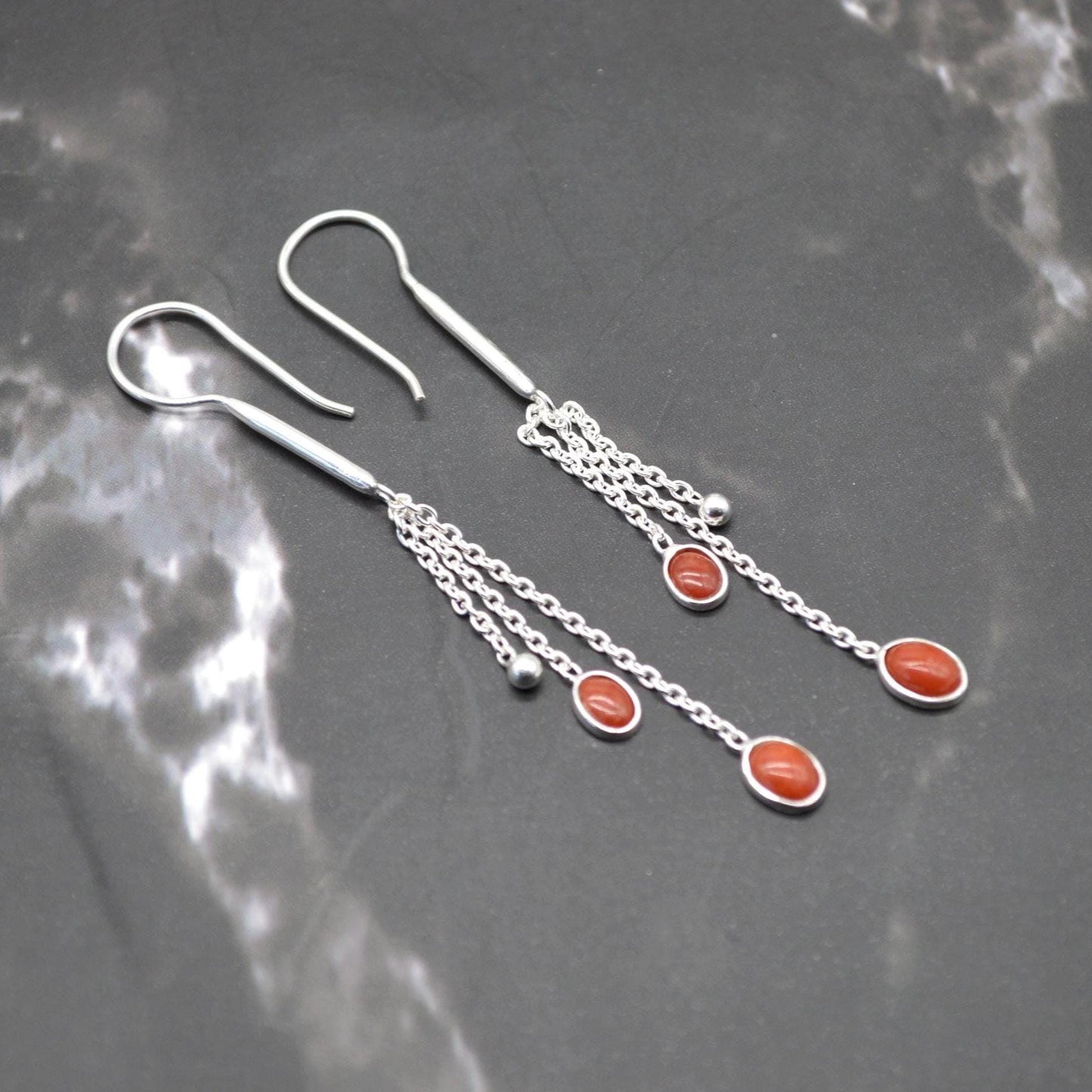 Red Coral Sterling Silver Drop Earrings: Dainty Gemstone Jewelry, Long Earrings