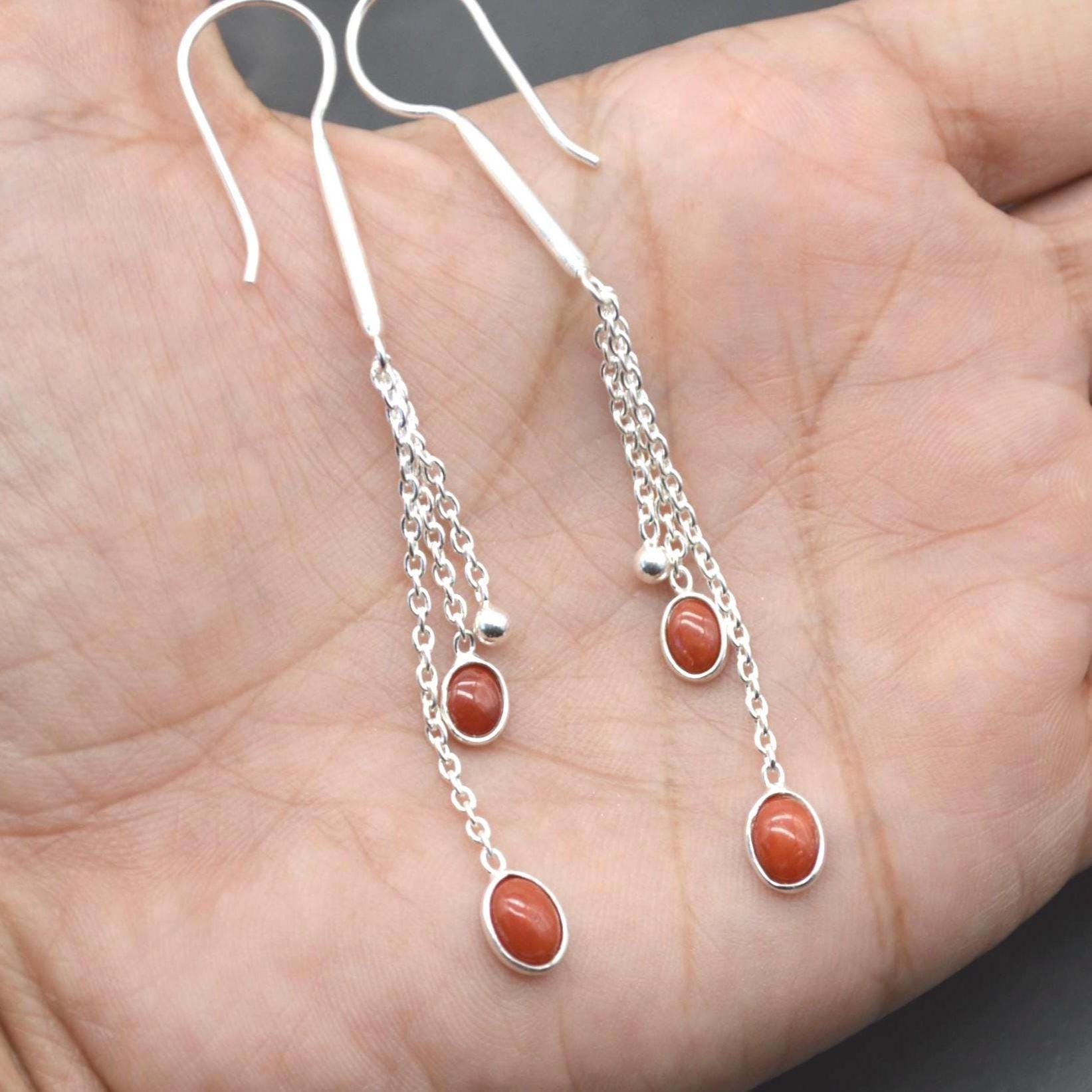 Red Coral Sterling Silver Drop Earrings: Dainty Gemstone Jewelry, Long Earrings