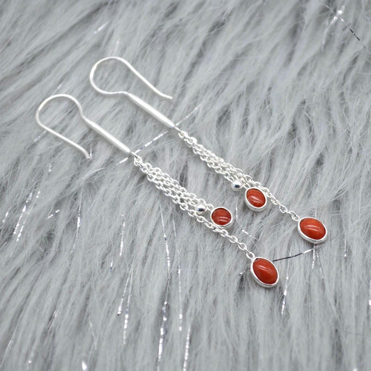 Red Coral Sterling Silver Drop Earrings: Dainty Gemstone Jewelry, Long Earrings