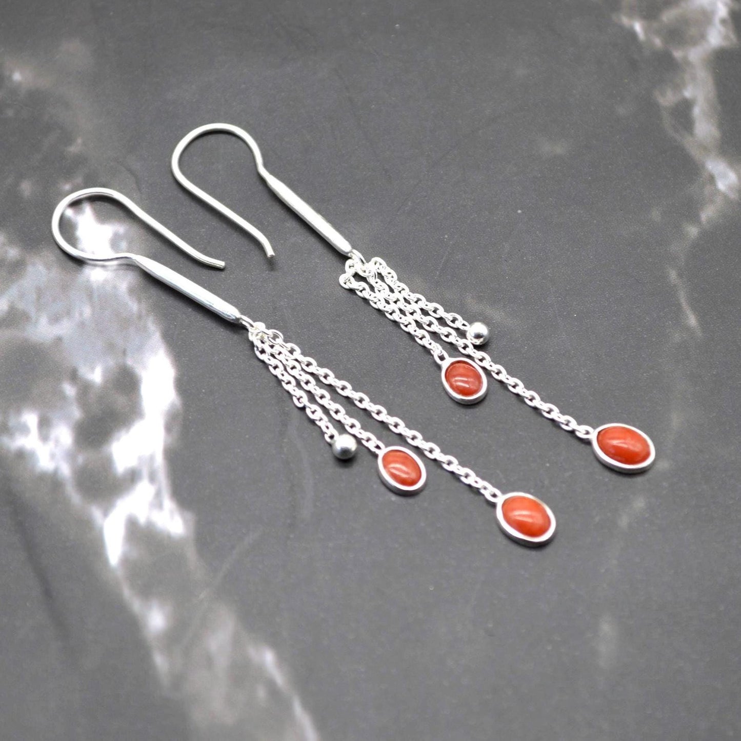 Red Coral Sterling Silver Drop Earrings: Dainty Gemstone Jewelry, Long Earrings