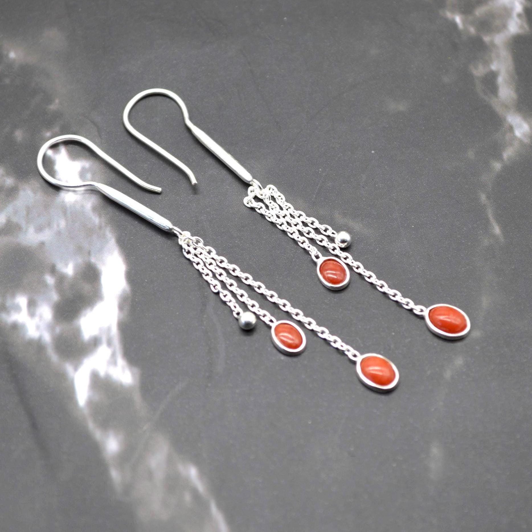 Red Coral Sterling Silver Drop Earrings: Dainty Gemstone Jewelry, Long Earrings