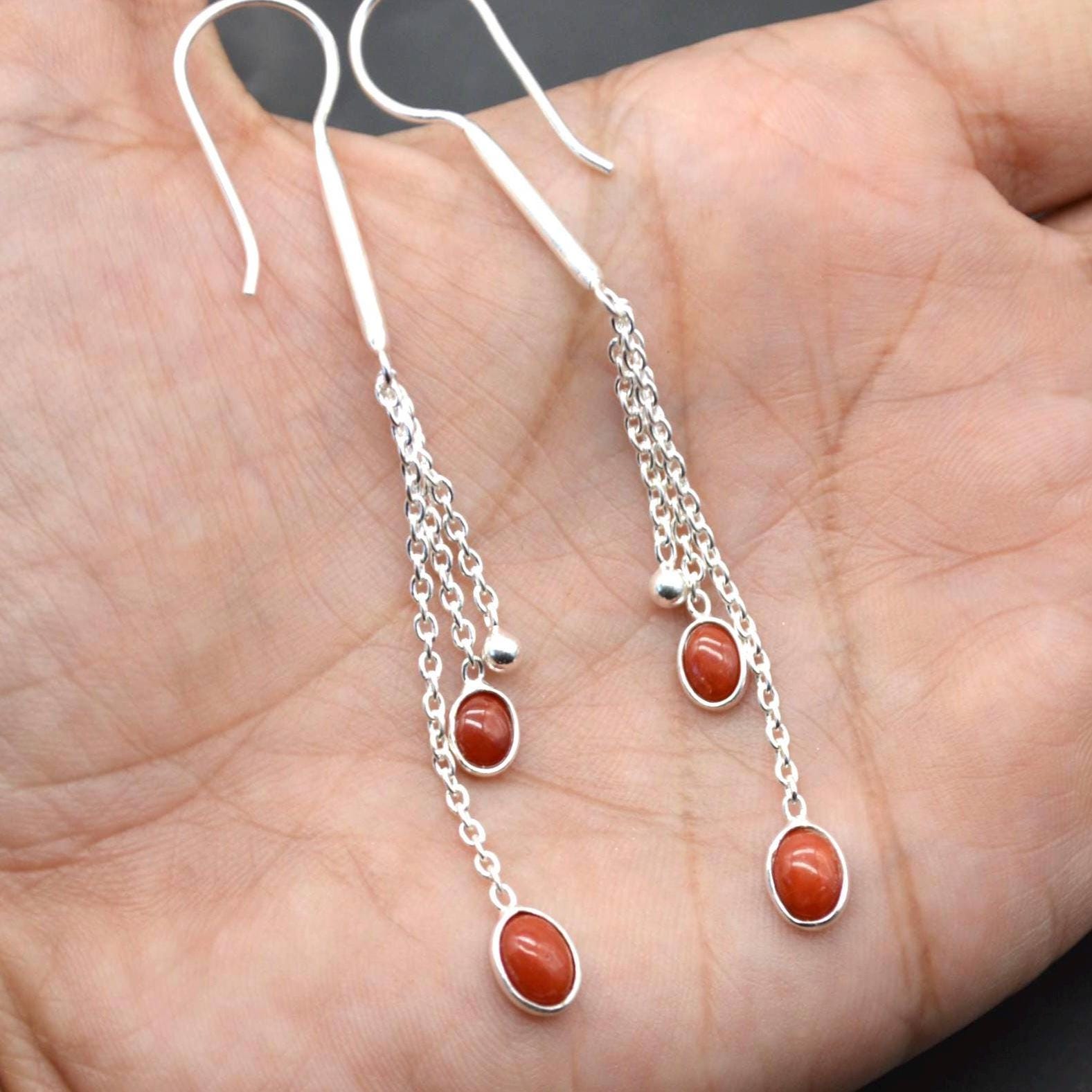 Red Coral Sterling Silver Drop Earrings: Dainty Gemstone Jewelry, Long Earrings