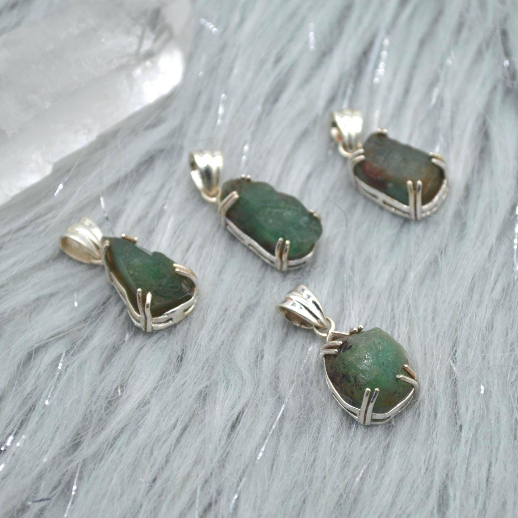 Raw Emerald Pendant Necklace: Sterling Silver Chain, May Birthstone Jewelry, Green Gemstone