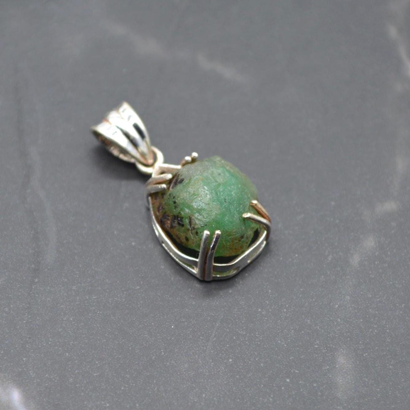 Raw Emerald Pendant Necklace: Sterling Silver Chain, May Birthstone Jewelry, Green Gemstone