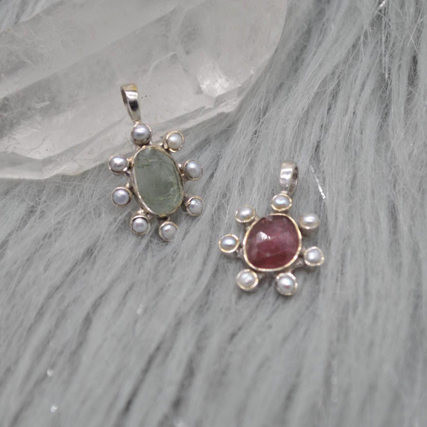 Pearl Tourmaline Pendant Necklace: Sterling Silver, June October Birthstone, White Pink Green Gemstone